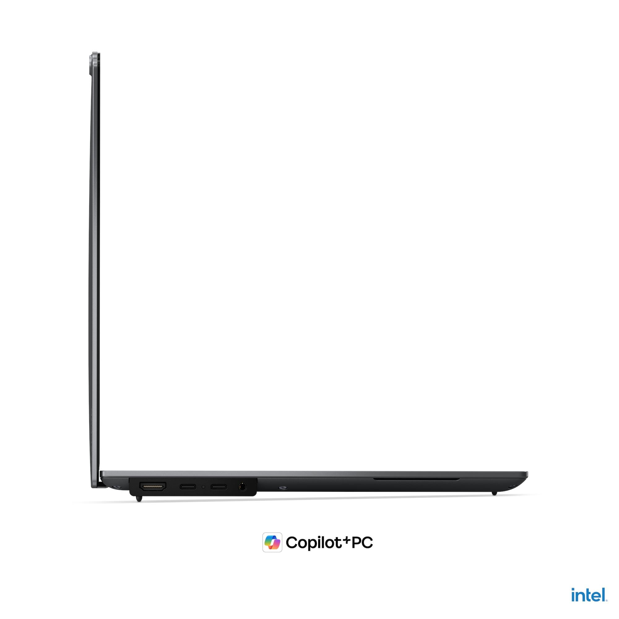 Seite eines dunklen Laptops mit Anschlüssen und Intel-Logo.