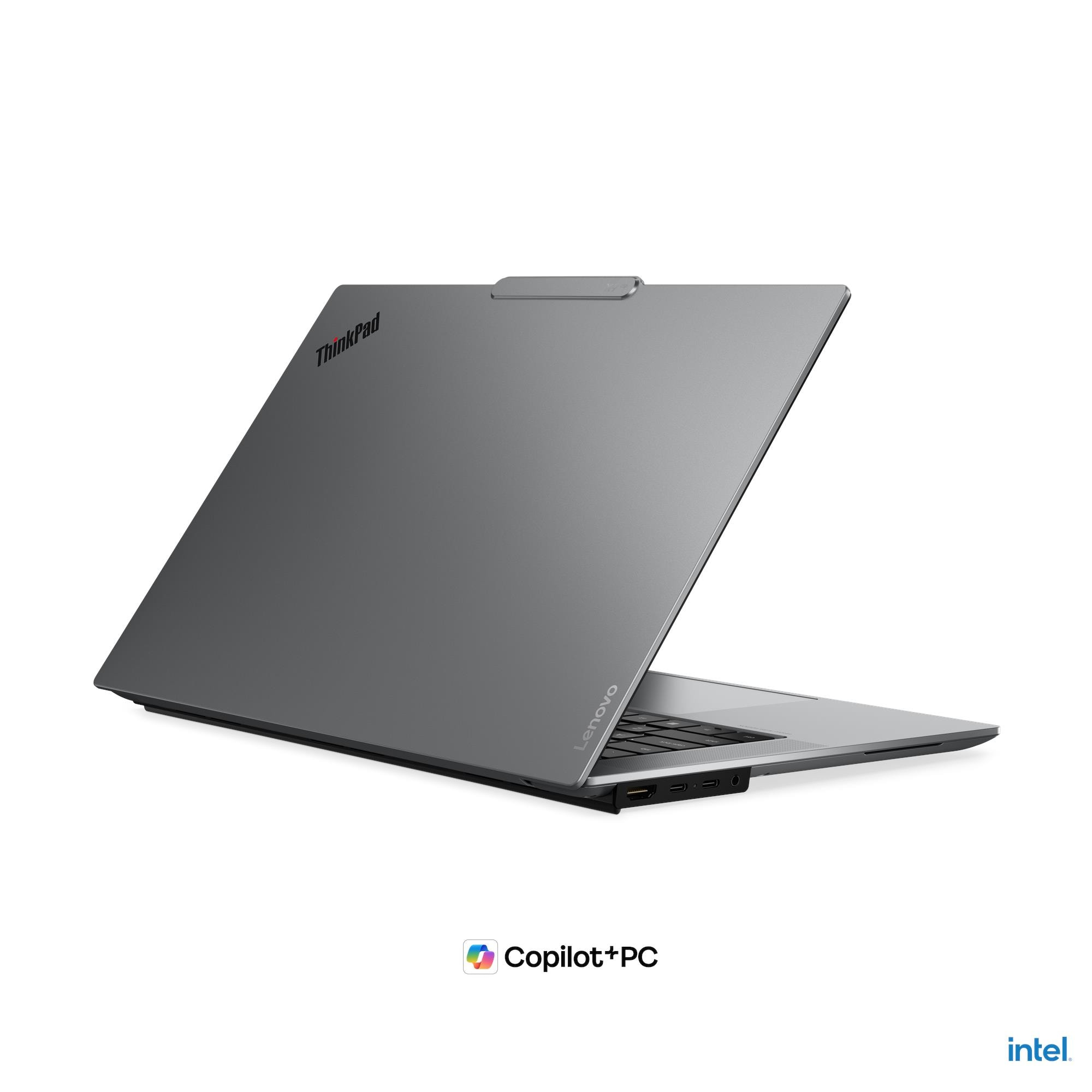 Grauer Lenovo ThinkPad Laptop mit geöffnetem Bildschirm und Tastatur.