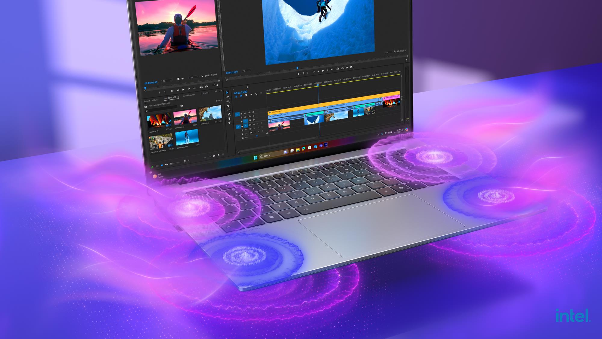 Ein Laptop zeigt Videobearbeitungssoftware mit Aufnahmen von Kajakfahren und Eisklettern. Lila Energie strahlt.