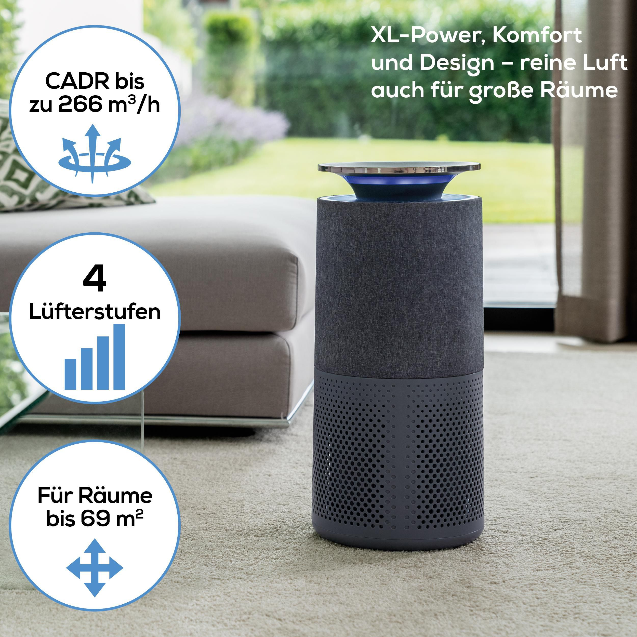 Luftreiniger mit 4 Stufen, 266 m³/h CADR, für Räume bis 69m².