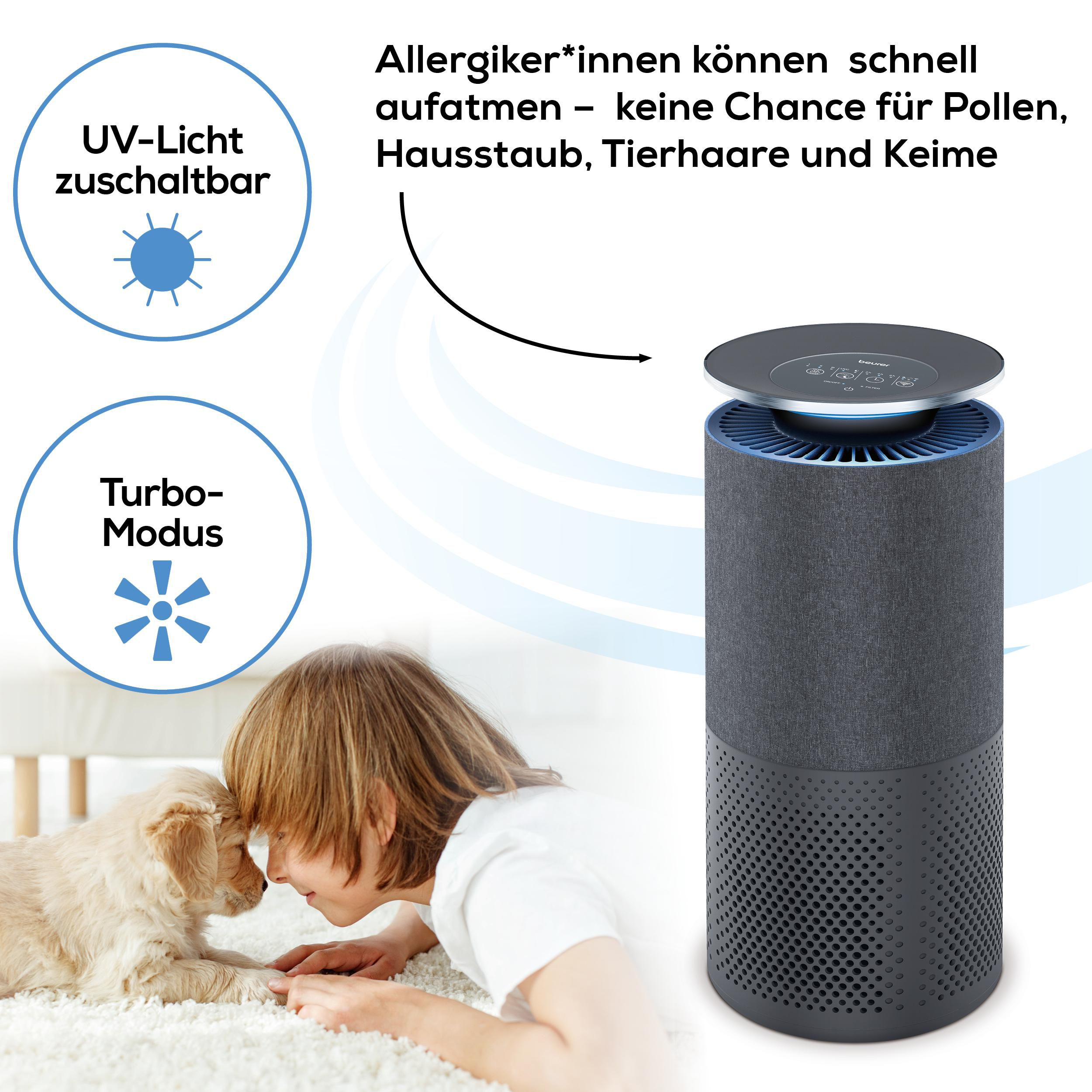 Luftreiniger mit Kind und Hund auf Teppich. UV-Licht und Turbo-Modus.