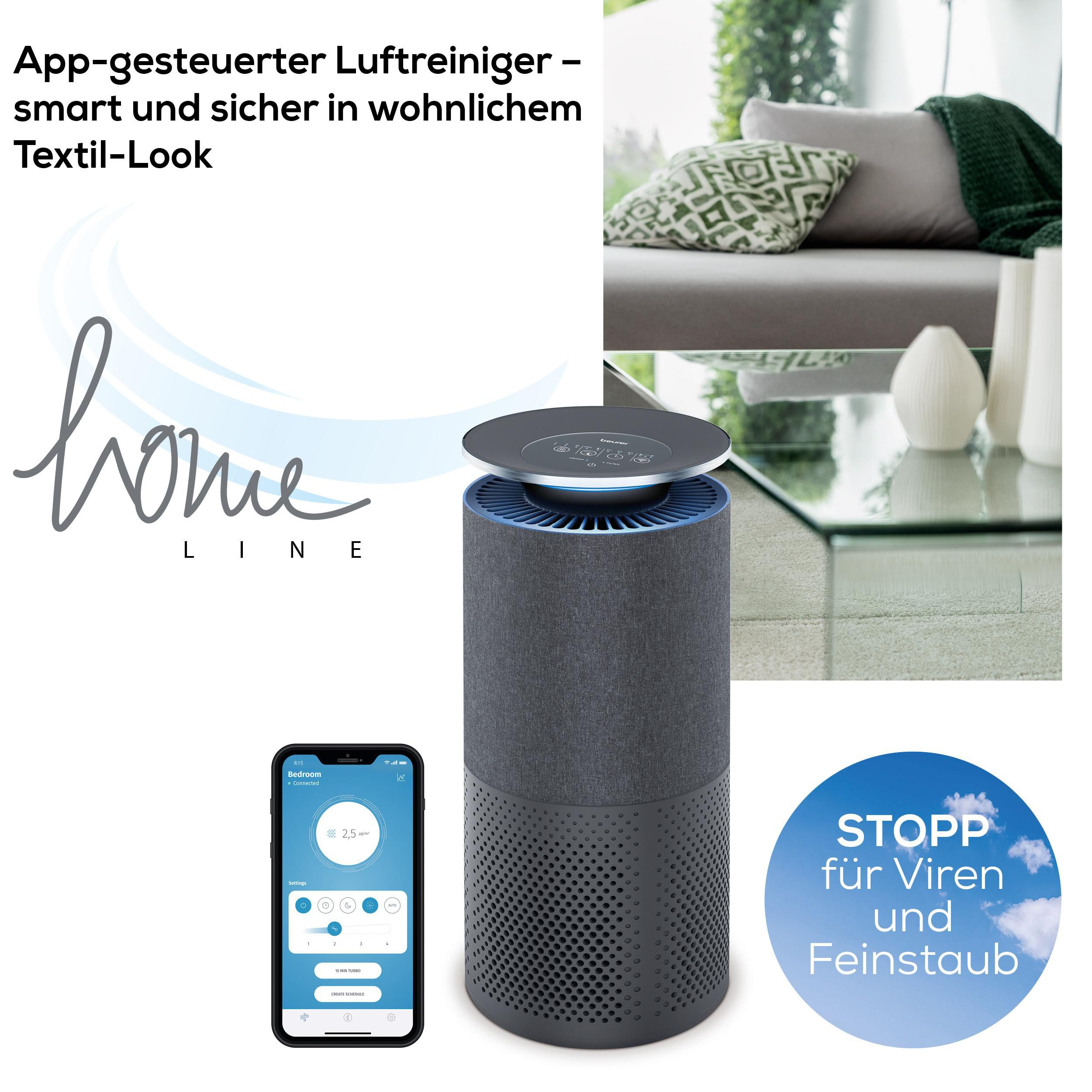 Luftreiniger mit Smartphone-App, Textil-Look, Wohnzimmer-Deko.