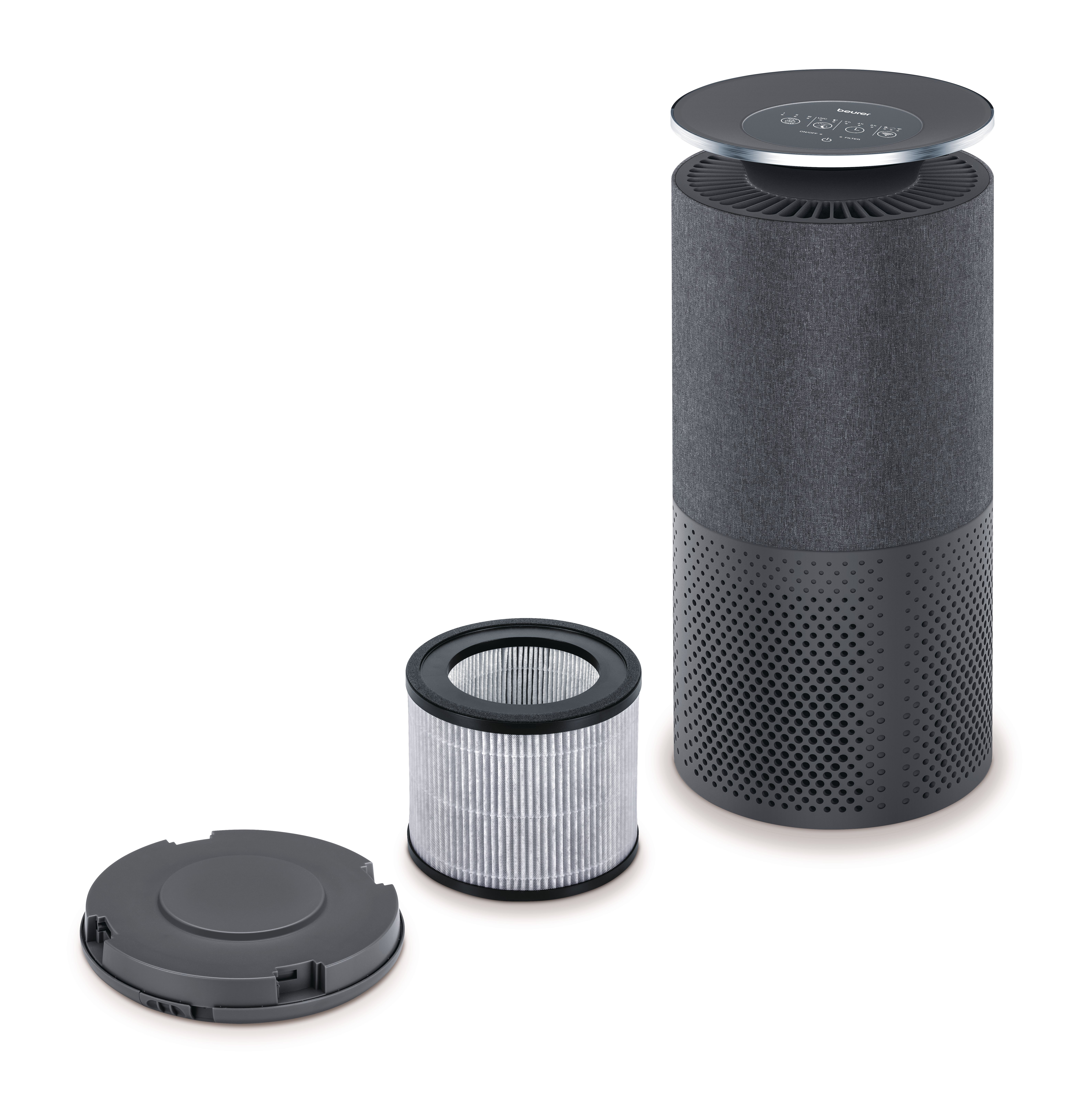 Ein zylindrischer Luftreiniger mit separatem Filter und Deckel.