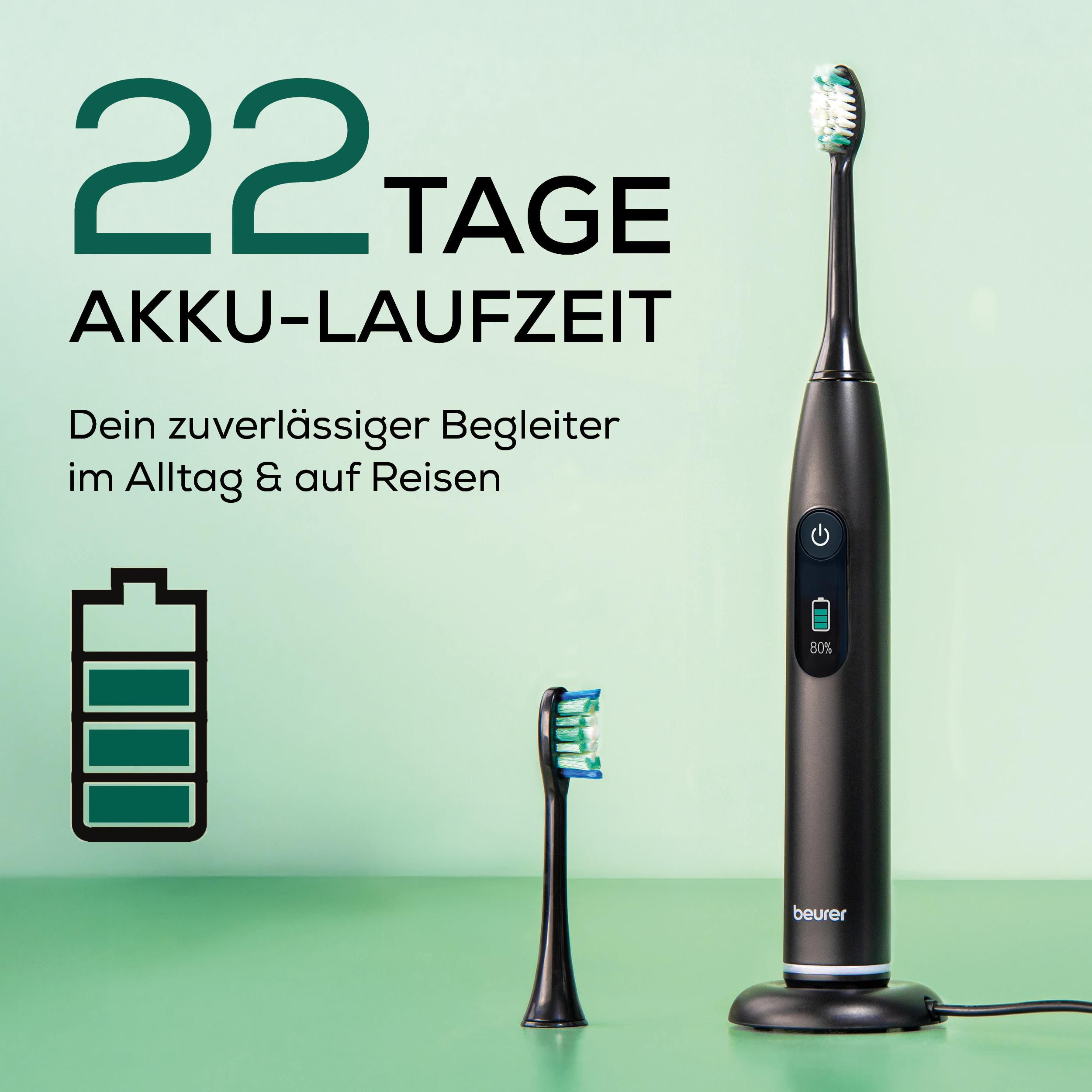 Schwarze elektrische Zahnbürste mit 22 Tage Akkulaufzeit.