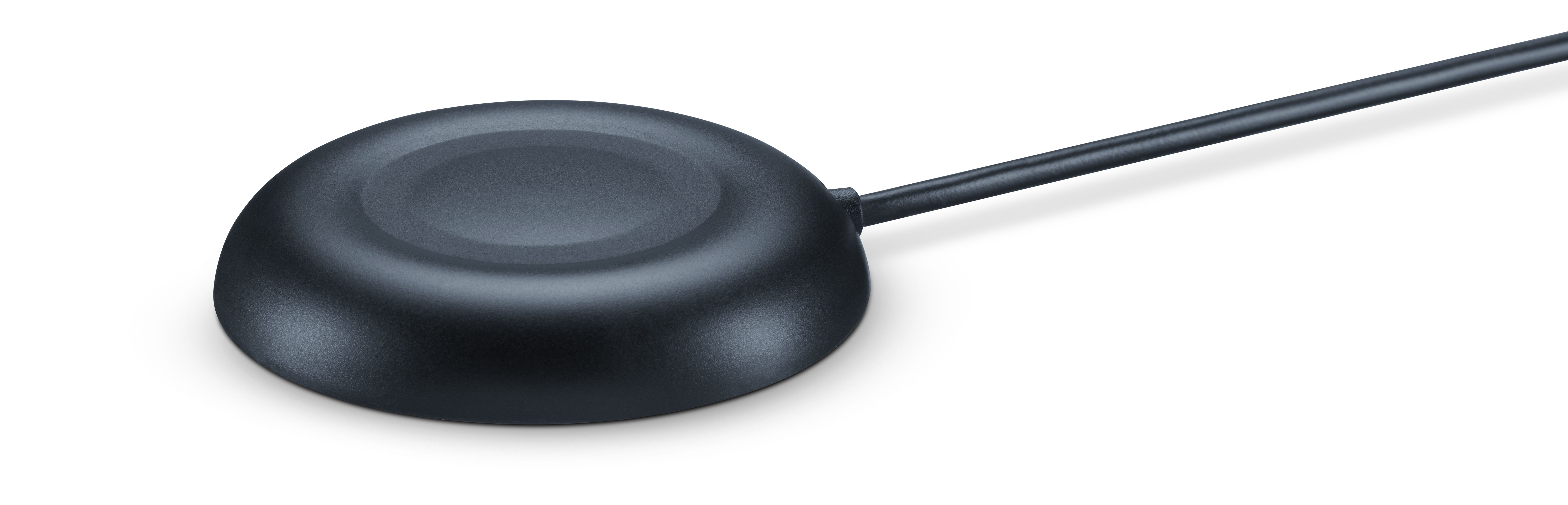 Ein schwarzer, runder Sensor mit einem Kabel, auf weißem Hintergrund.