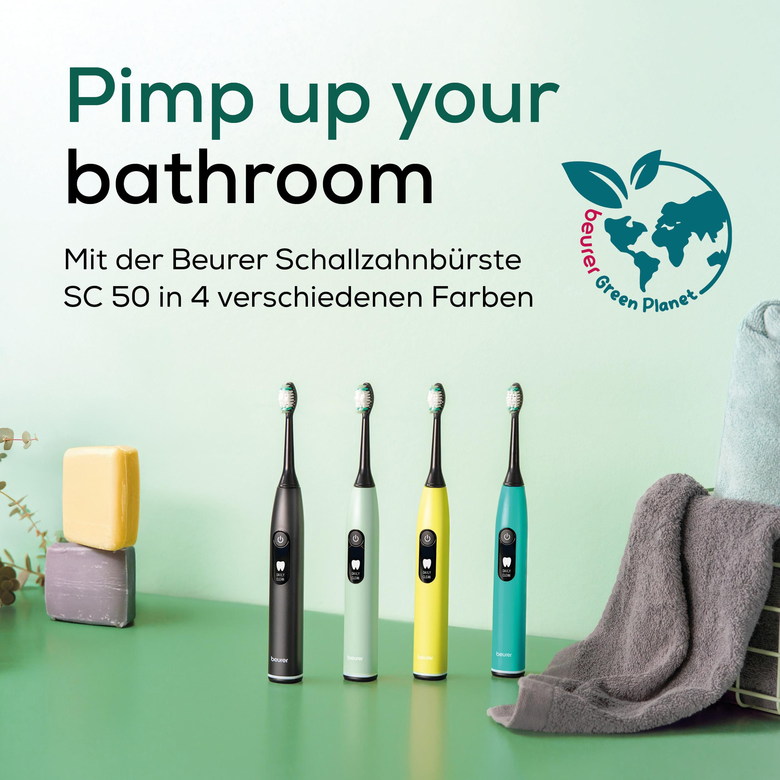 Vier Beurer Schallzahnbürsten in Schwarz, Mint, Gelb und Türkis stehen nebeneinander.