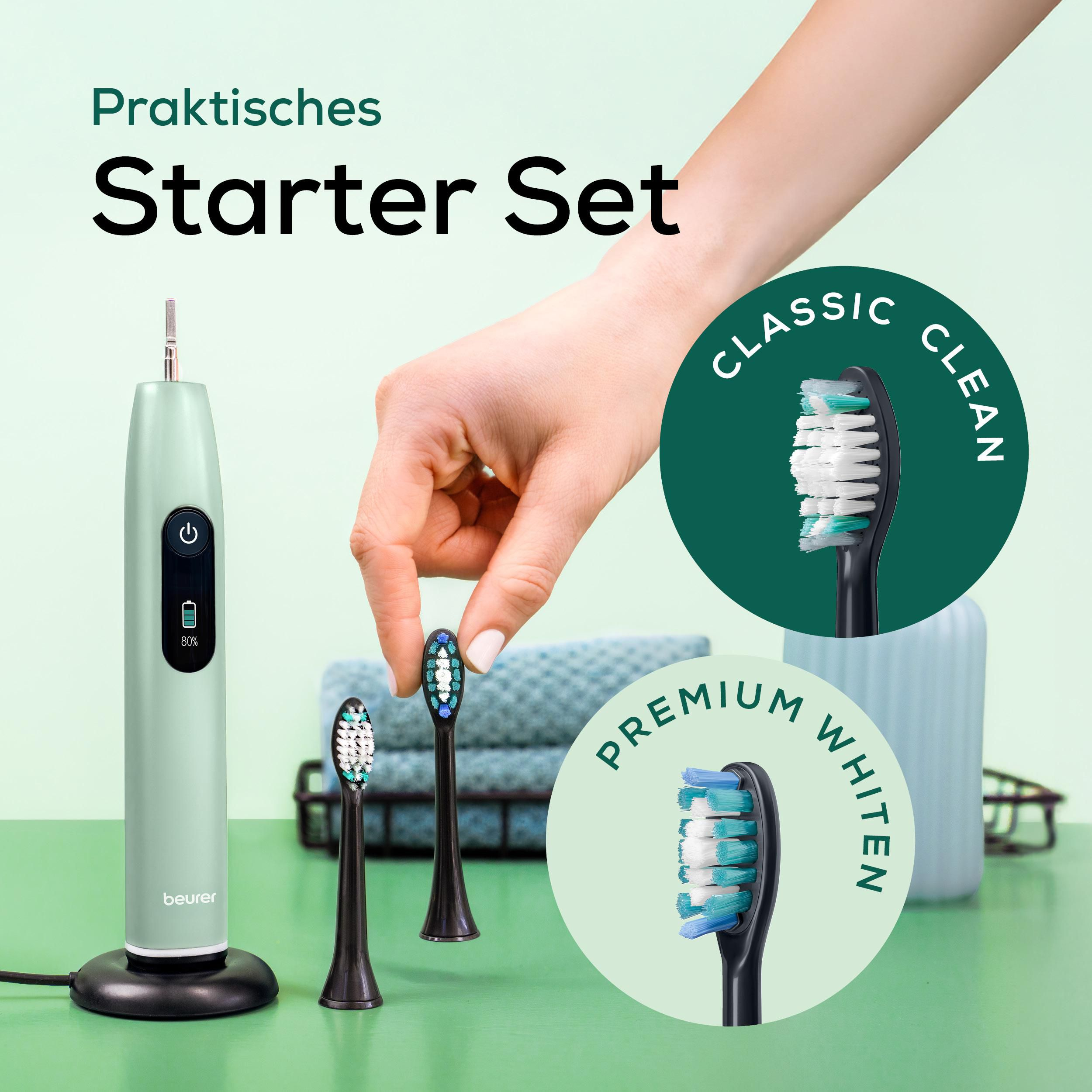 Ein grüner elektrischer Zahnbürstenkopfhalter mit 3 Aufsteckbürsten. "Praktisches Starter Set".