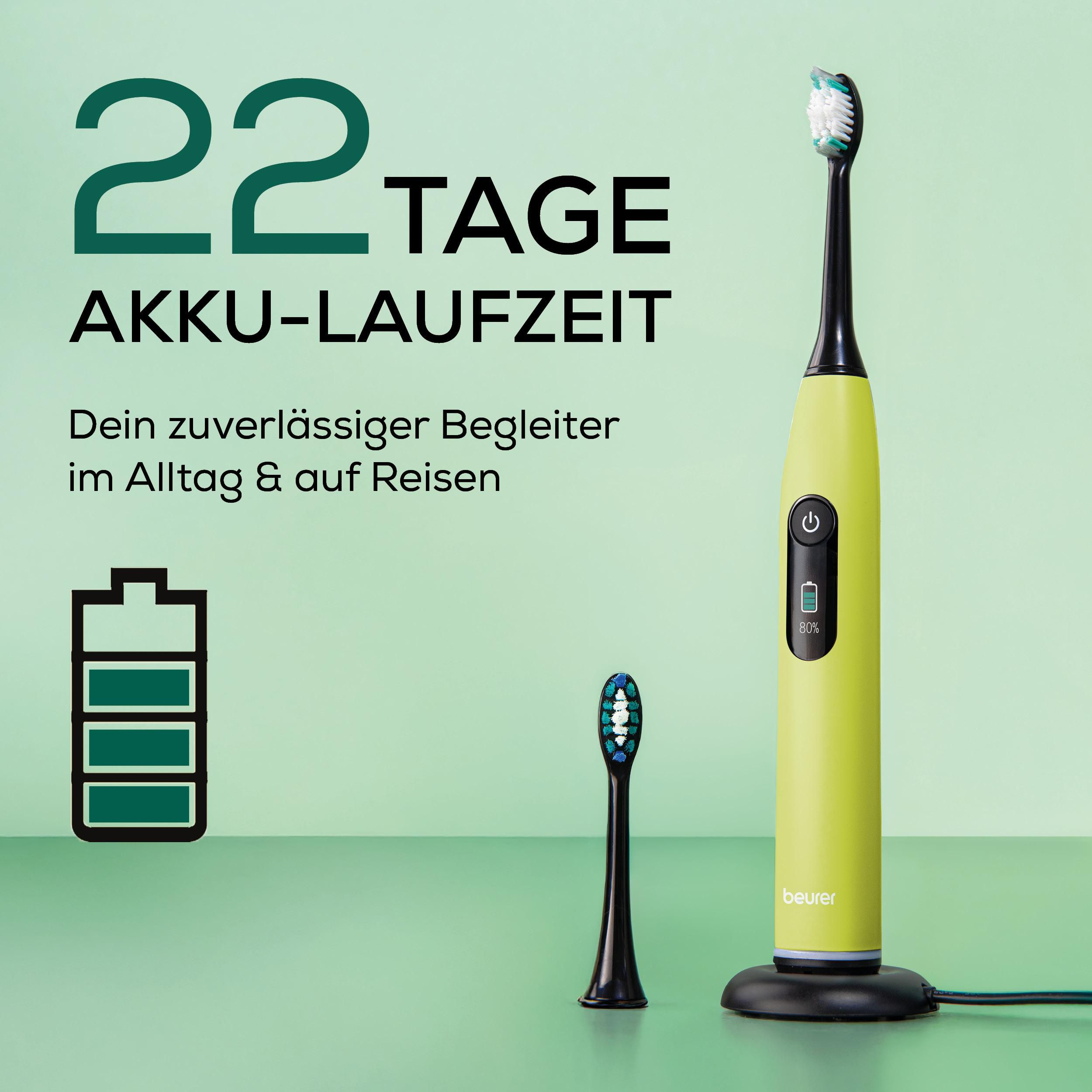 Elektrische Zahnbürste mit 22 Tage Akkulaufzeit und Batterieanzeige.