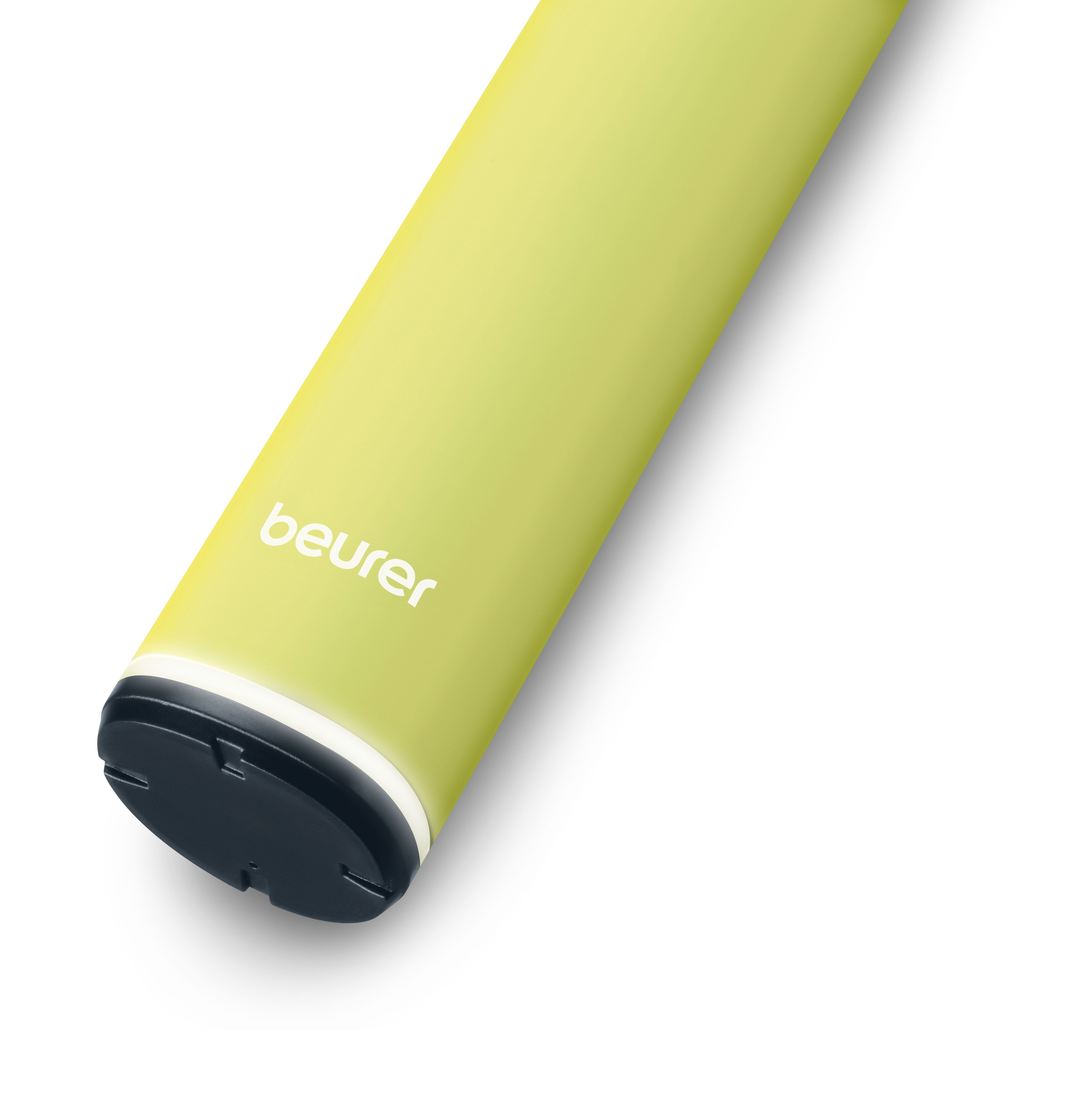 Ein gelber Stift mit weißem Logo auf weißem Hintergrund.