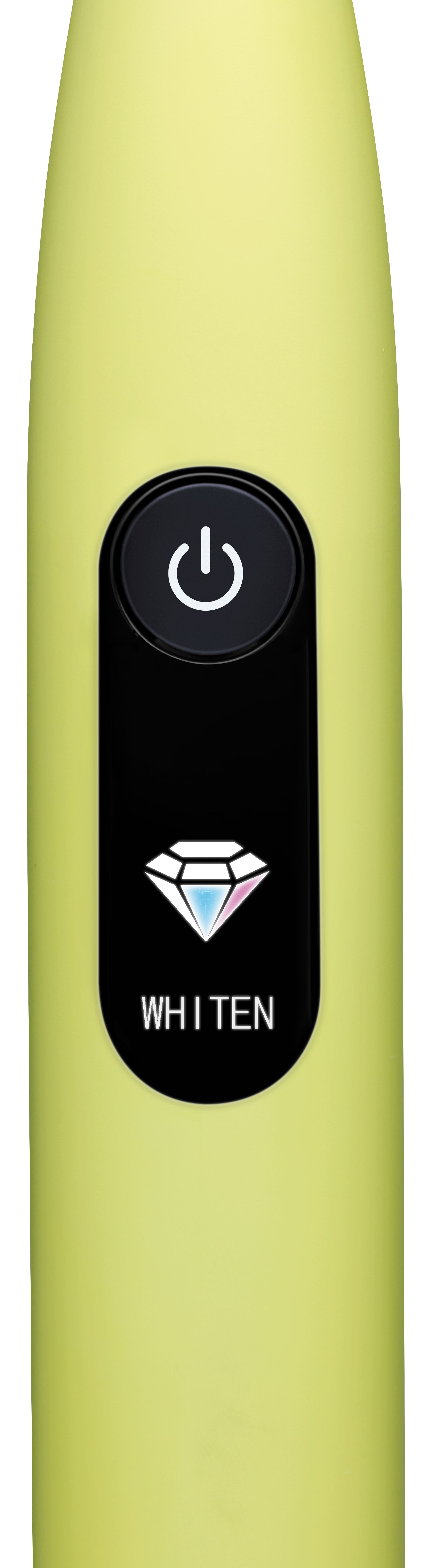Hellgrüne Zahnbürste mit Ein-/Aus-Schalter und Diamantsymbol für Aufhellen.