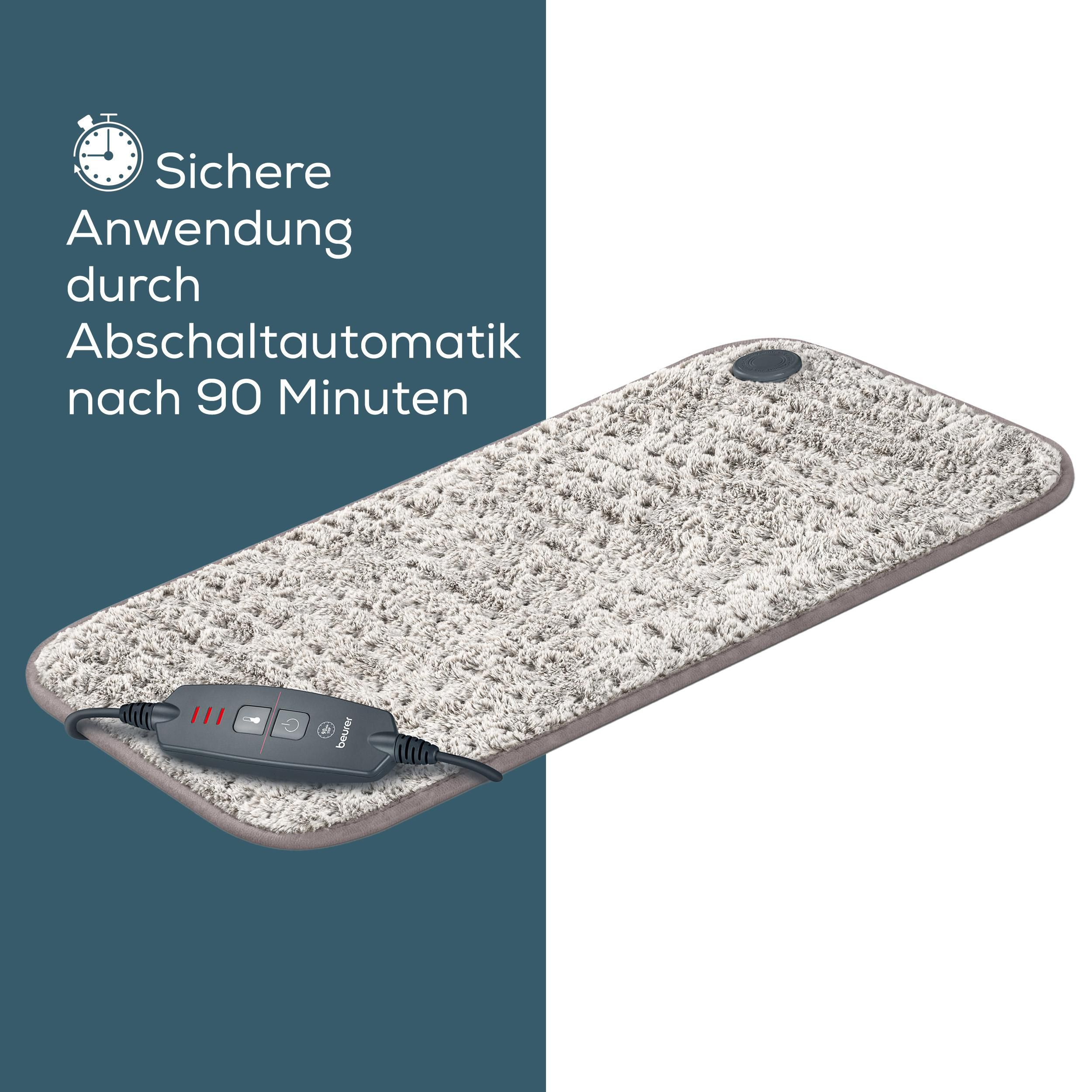 Graue Heizdecke mit weißem Fell und schwarzer Fernbedienung, Abschaltautomatik nach 90 Min.