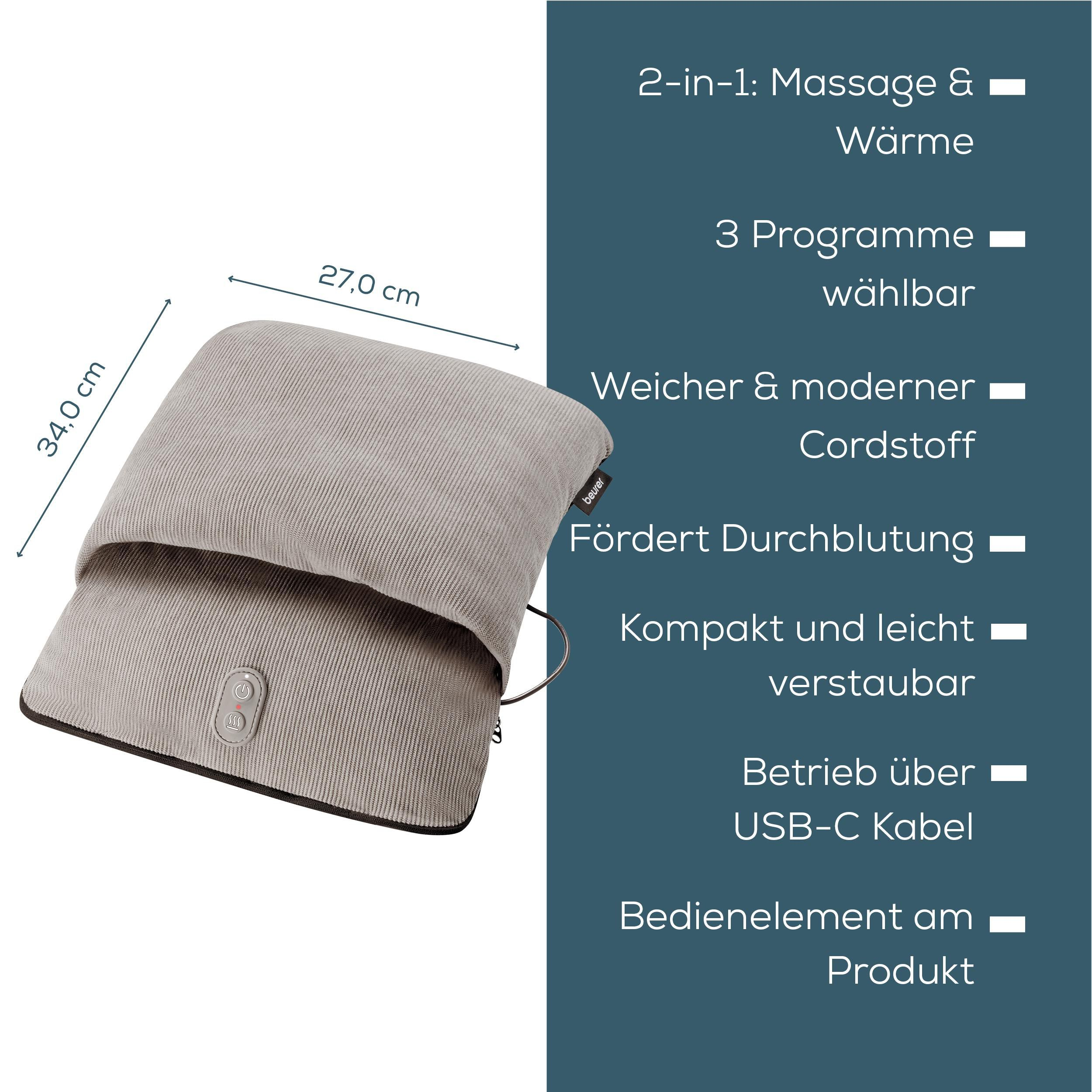 Beige Massagekissen mit Bedienelement, 34x27 cm. Fördert Durchblutung.