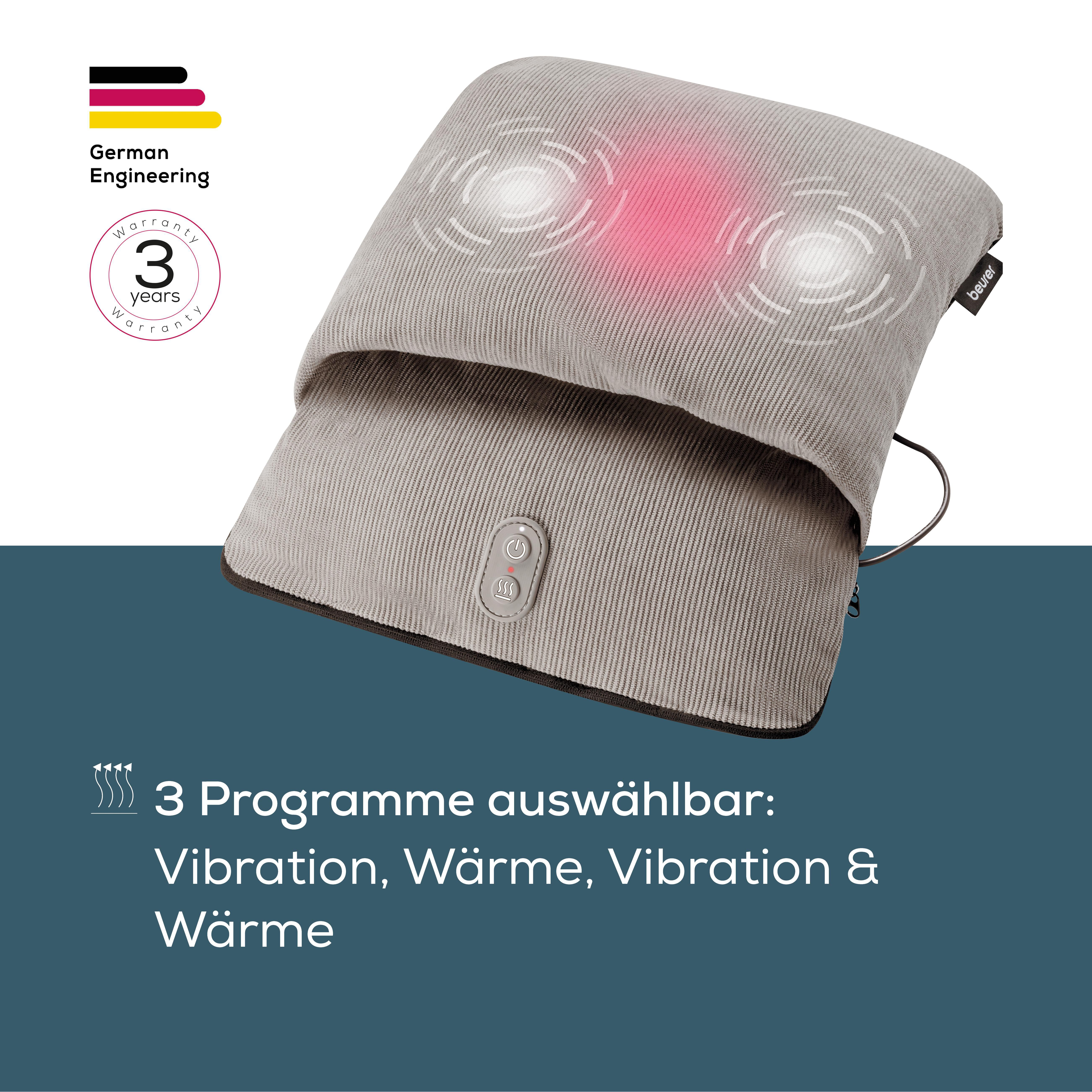 Graues Massagekissen mit Heizfunktion und 3 wählbaren Modi.