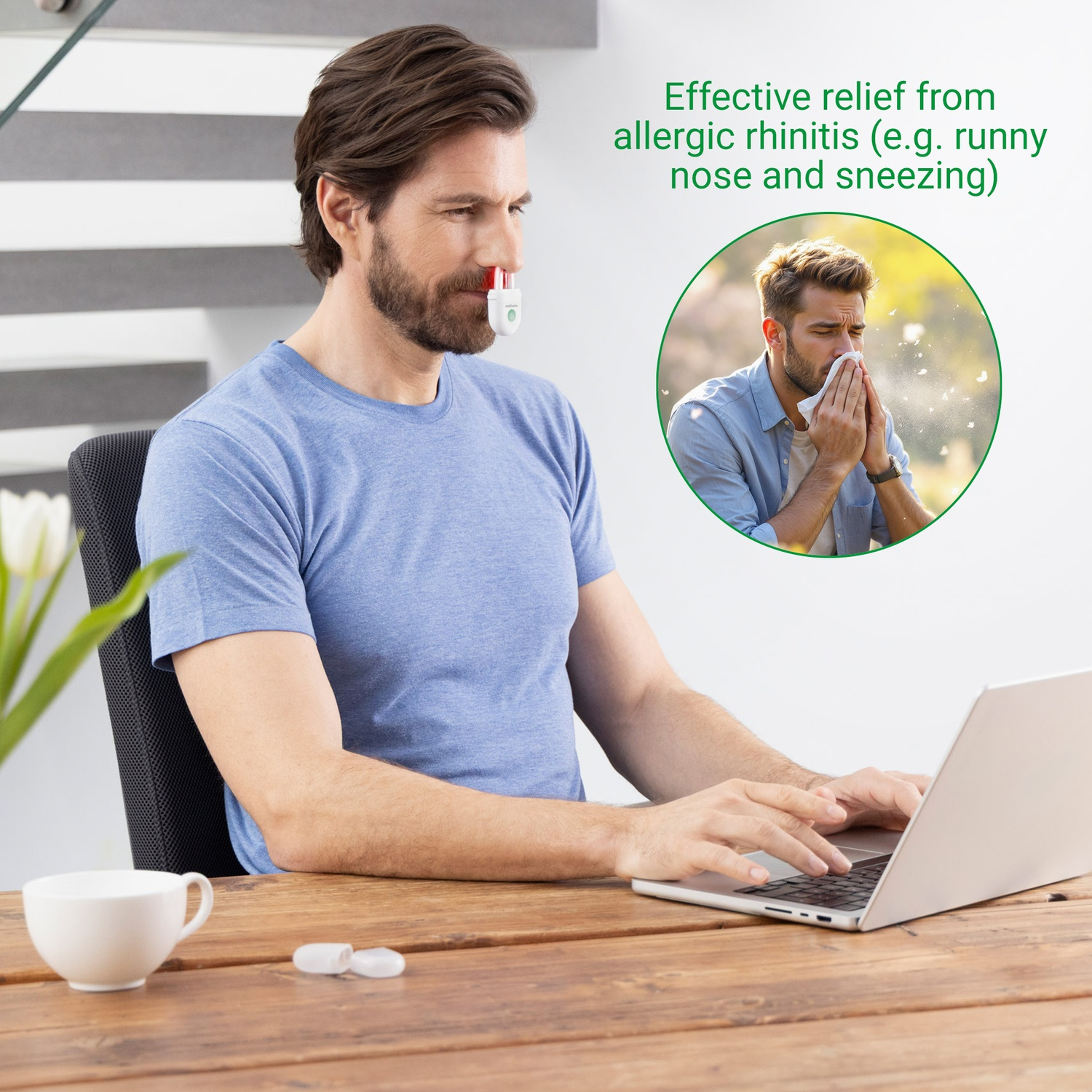 Man with nasal device types on laptop. Small inset shows man sneezing into tissue.