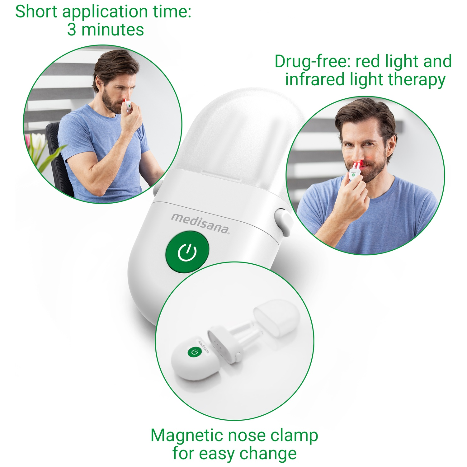 Man uses nasal light therapy device. Short application, red/infrared light.