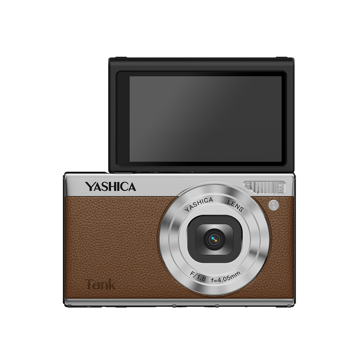 Gümüş gövdeli ve katlanır ekranlı kahverengi Yashica fotoğraf makinesi.