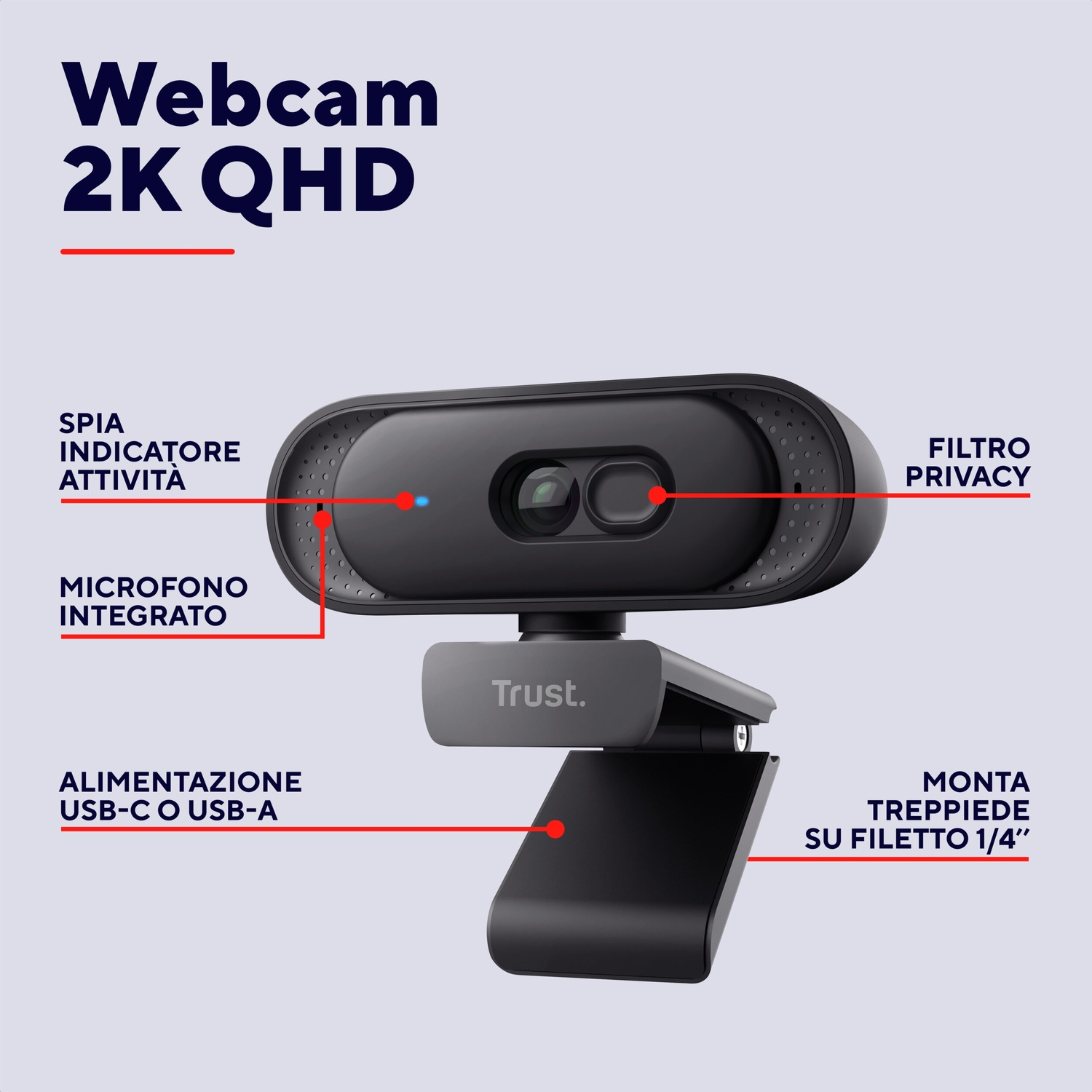 Webcam 2K QHD con microfono, filtro privacy, alimentazione USB-C/A e attacco treppiede.