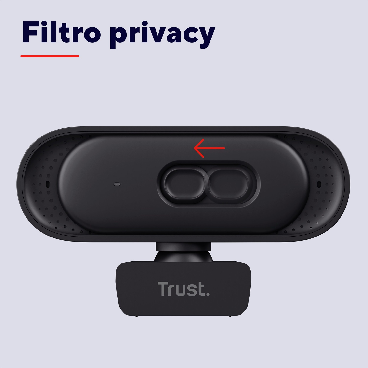 Una webcam nera con il logo 'Trust.' e una freccia rossa.