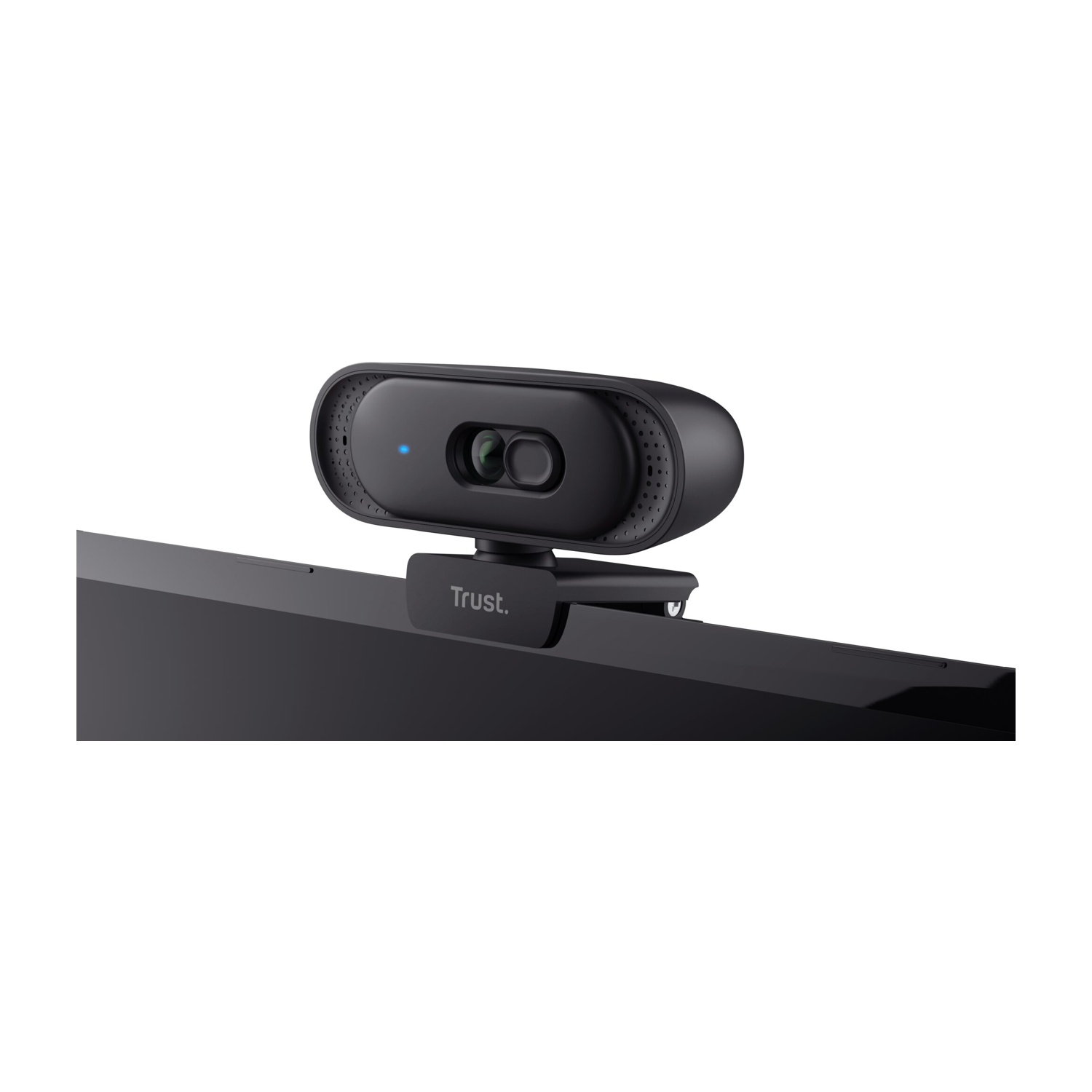 Una webcam nera è montata sul bordo superiore di un monitor nero.