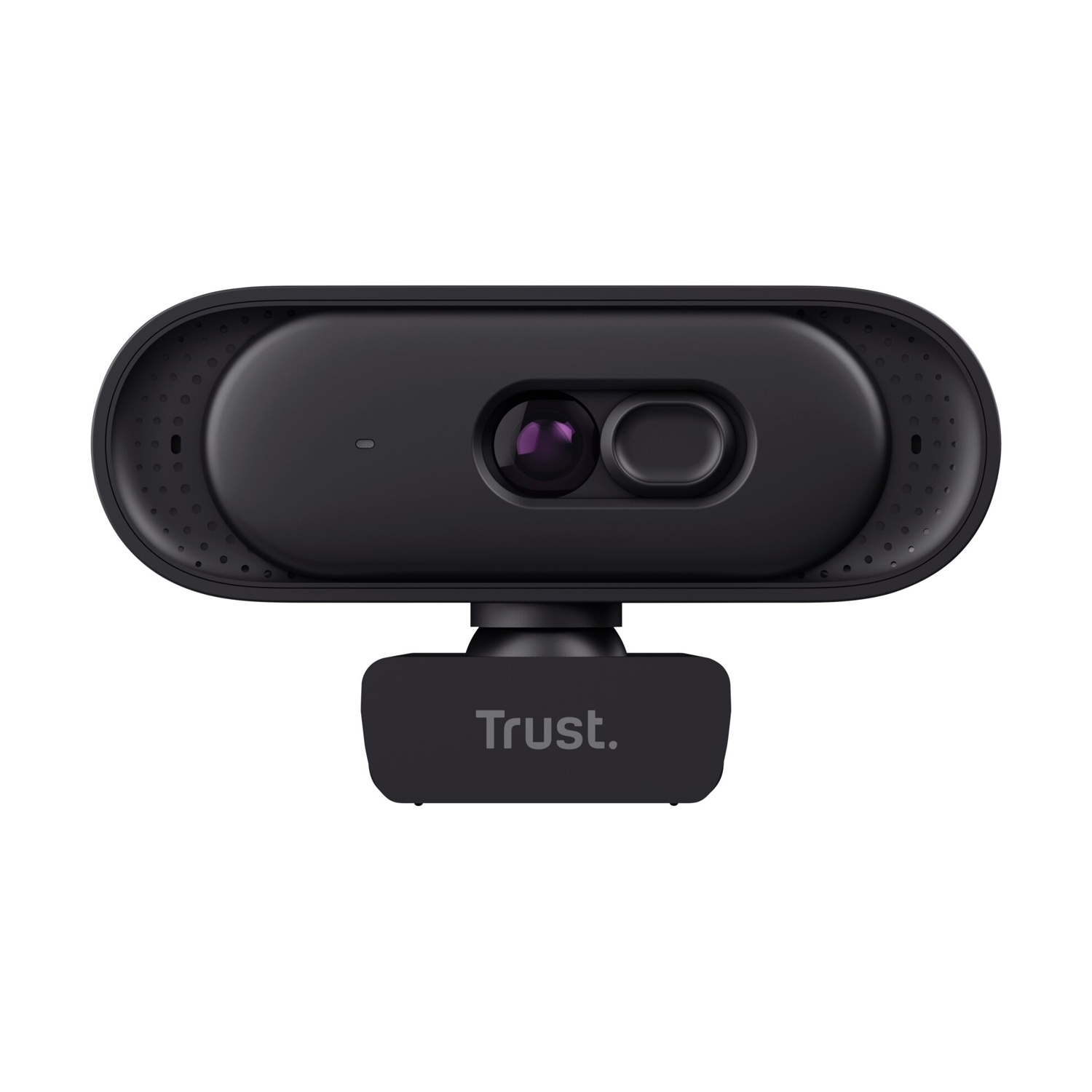 Una webcam Trust nera con due lenti e un microfono.
