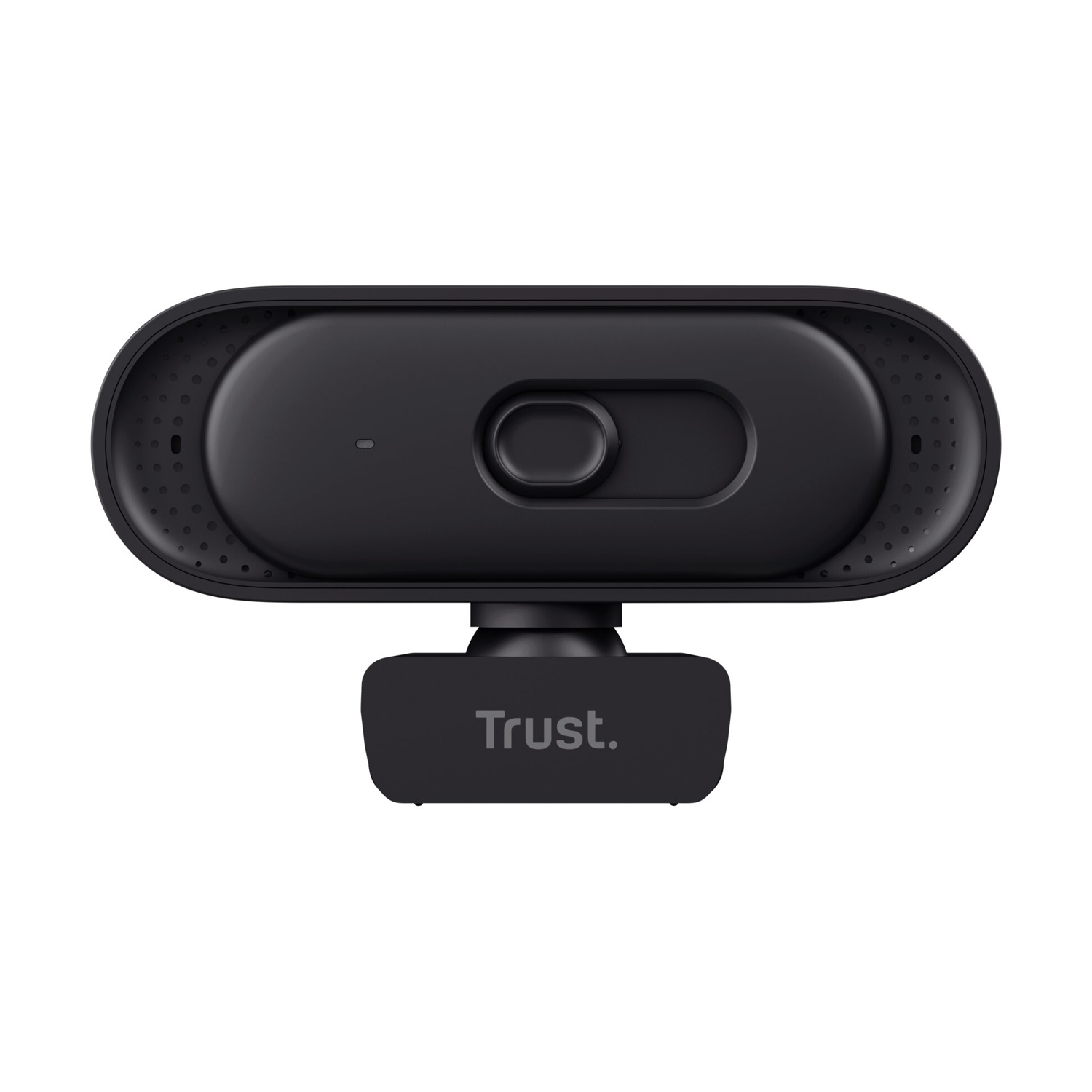 Una webcam Trust nera con microfono e copriobiettivo.