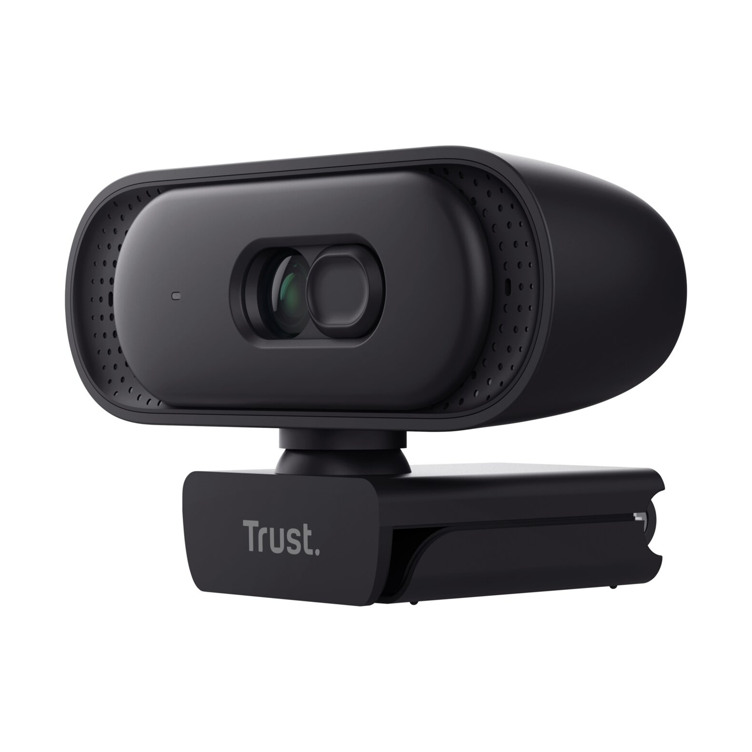Webcam Trust nera con doppia lente e microfoni, su sfondo bianco.