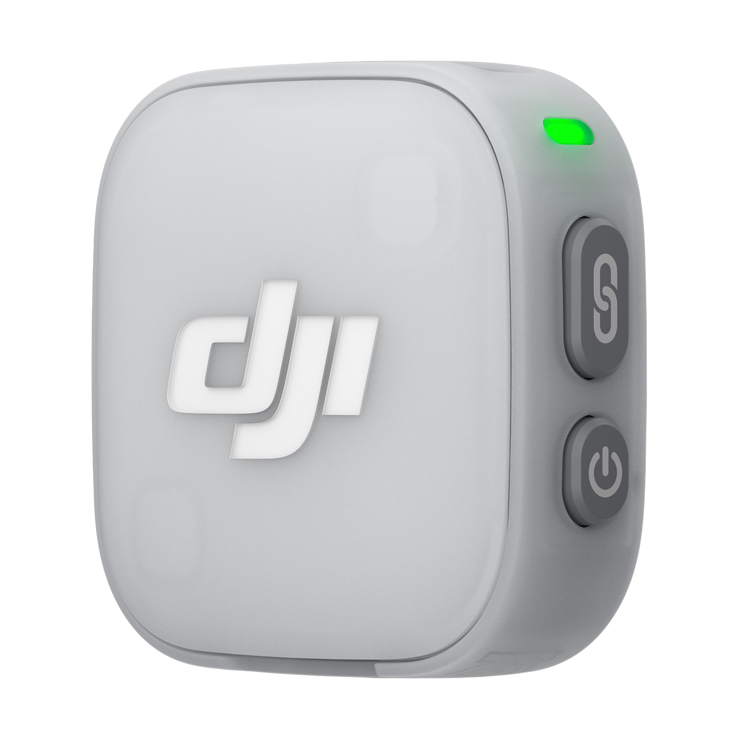 Dispositivo DJI grigio con luce verde e due pulsanti.