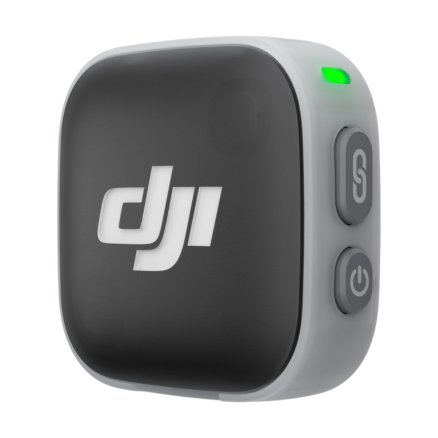 Dispositivo DJI grigio e nero con luce verde e pulsanti.
