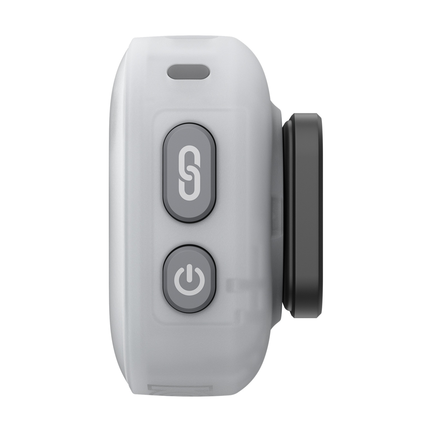 Fotocamera grigia con due pulsanti: icona link e icona di accensione. Obiettivo a destra.