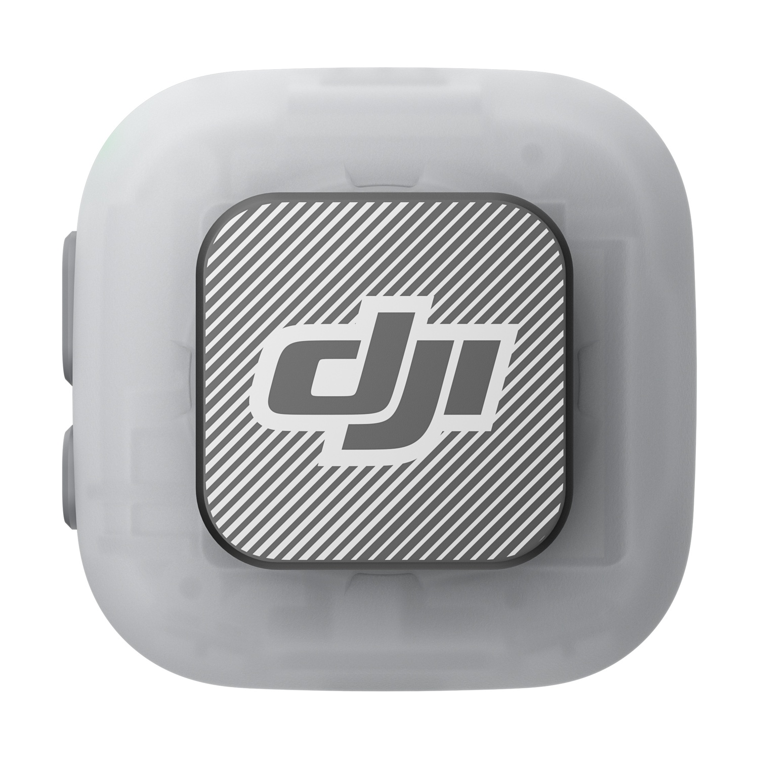 Un tracker DJI bianco, a forma di cubo, con motivo e logo grigi.