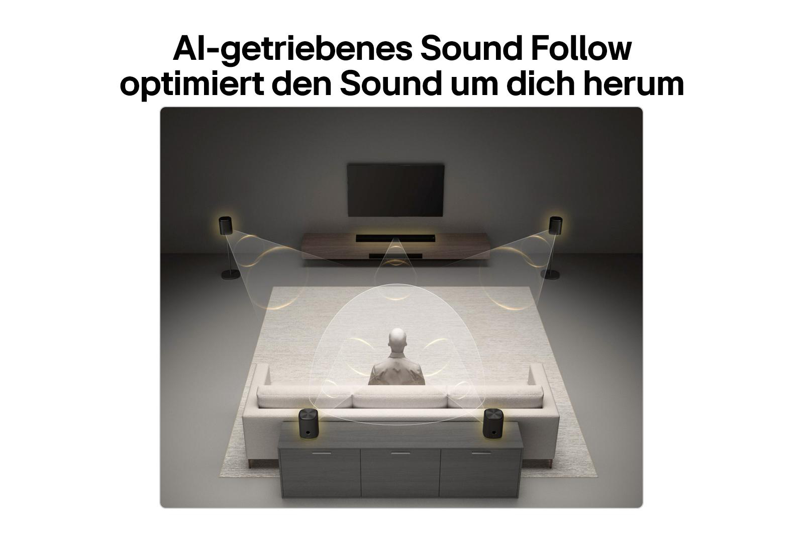 Ein Mann sitzt auf einem Sofa, umgeben von Lautsprechern, die Soundwellen aussenden.