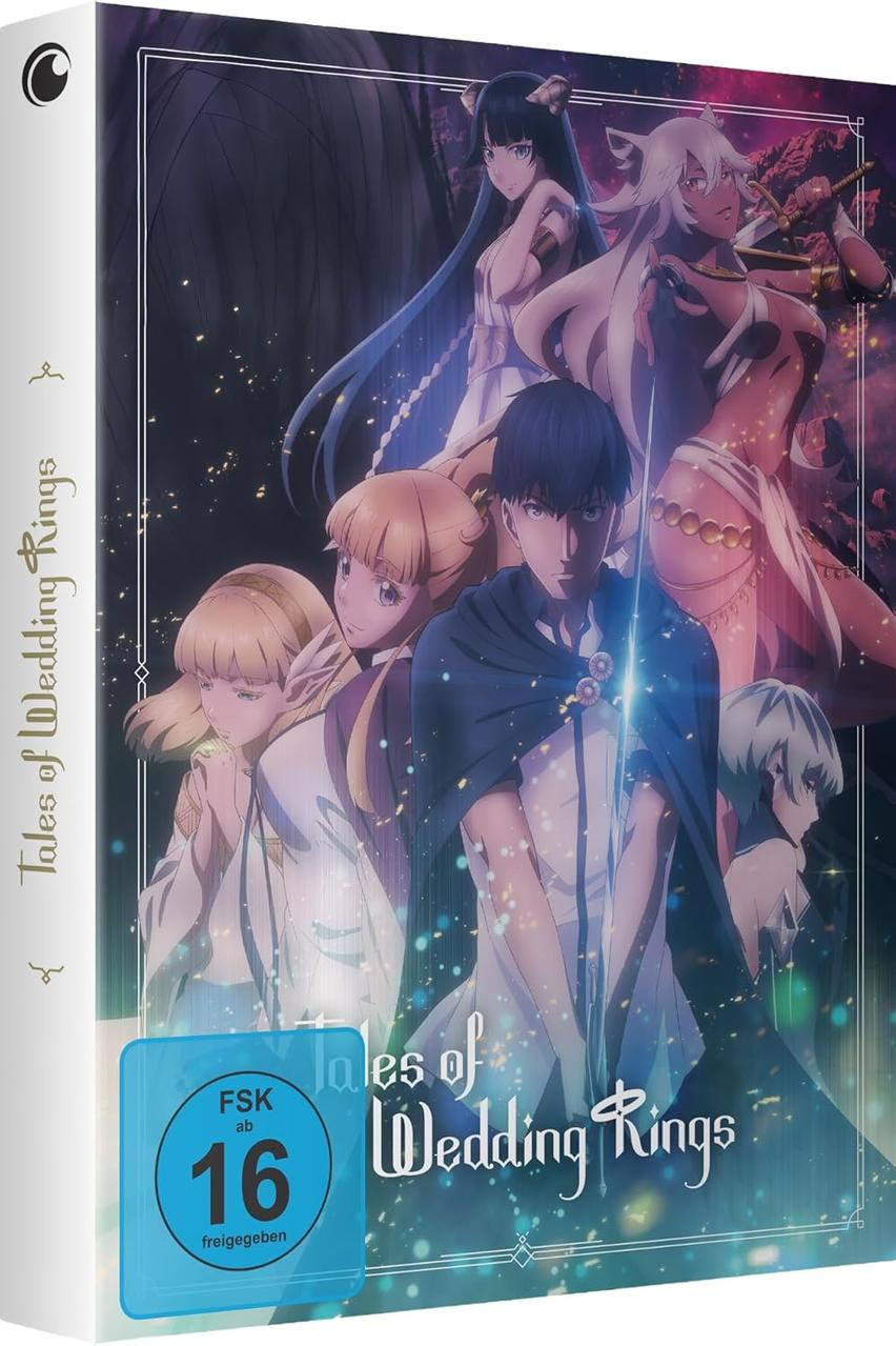 Anime-Cover mit Figuren: Mann im Zentrum, Frauen mit Hörnern, weißen Haaren, blond.