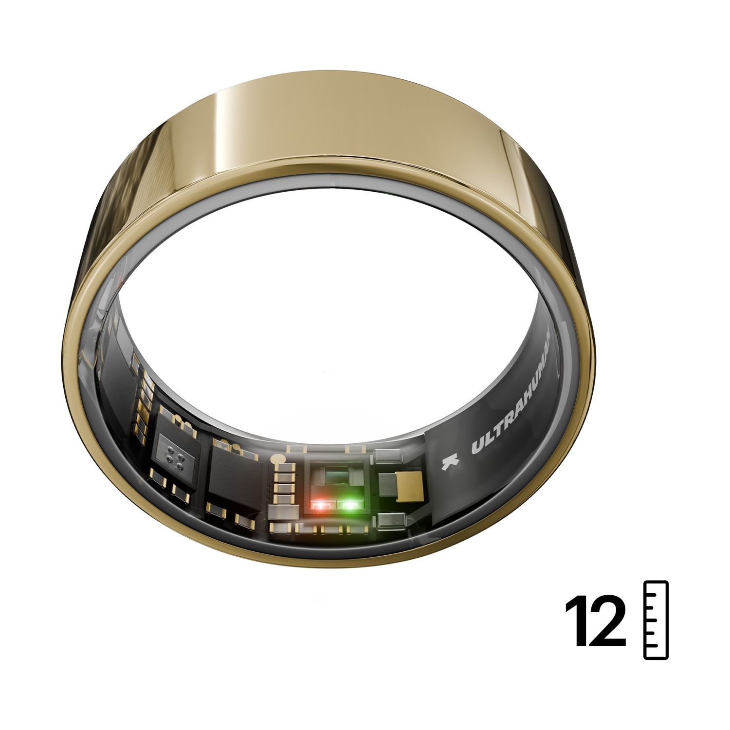 Anello dorato con elettronica visibile e luci di ricarica. Numero 12 accanto.