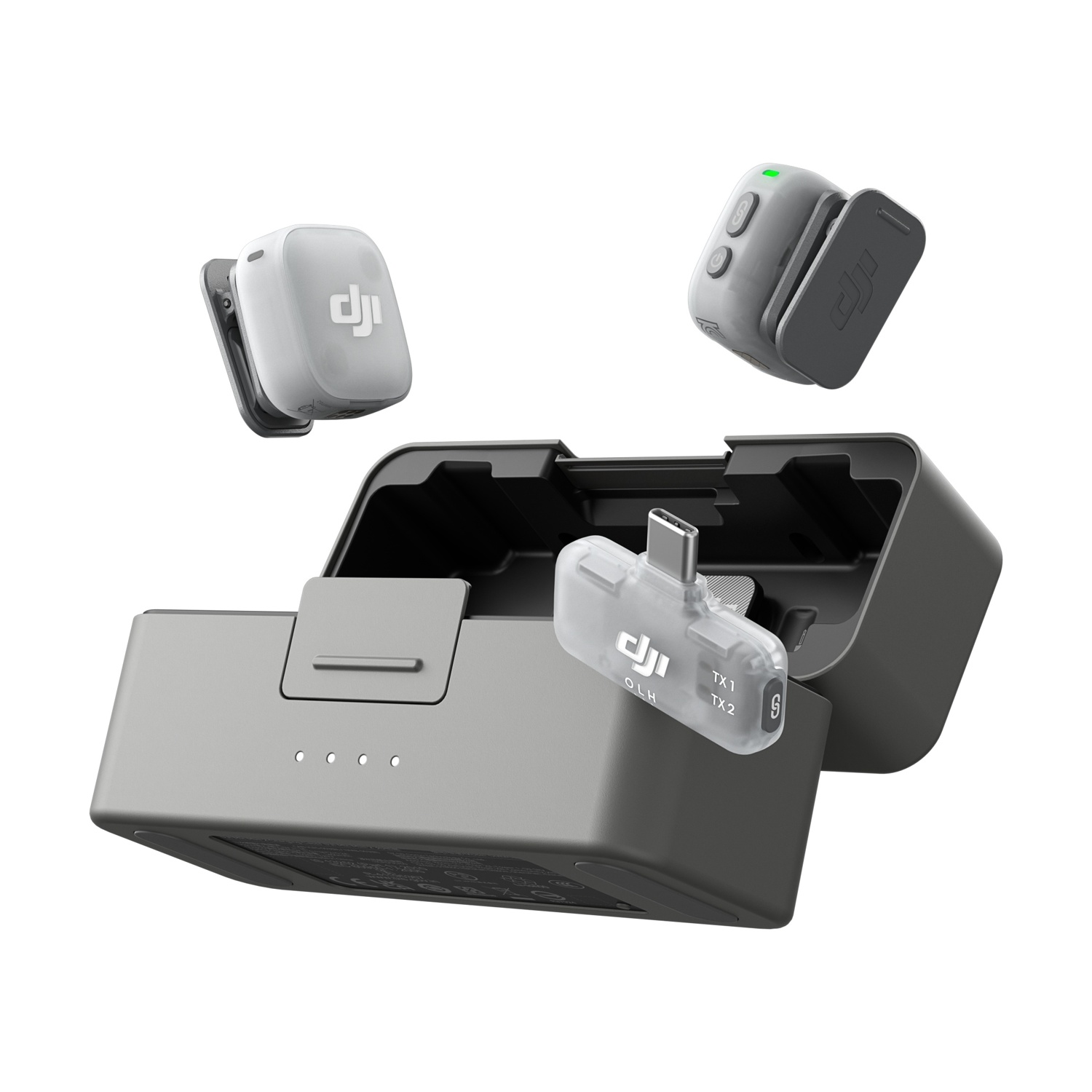 Set microfoni DJI con custodia di ricarica, due trasmettitori e un ricevitore.
