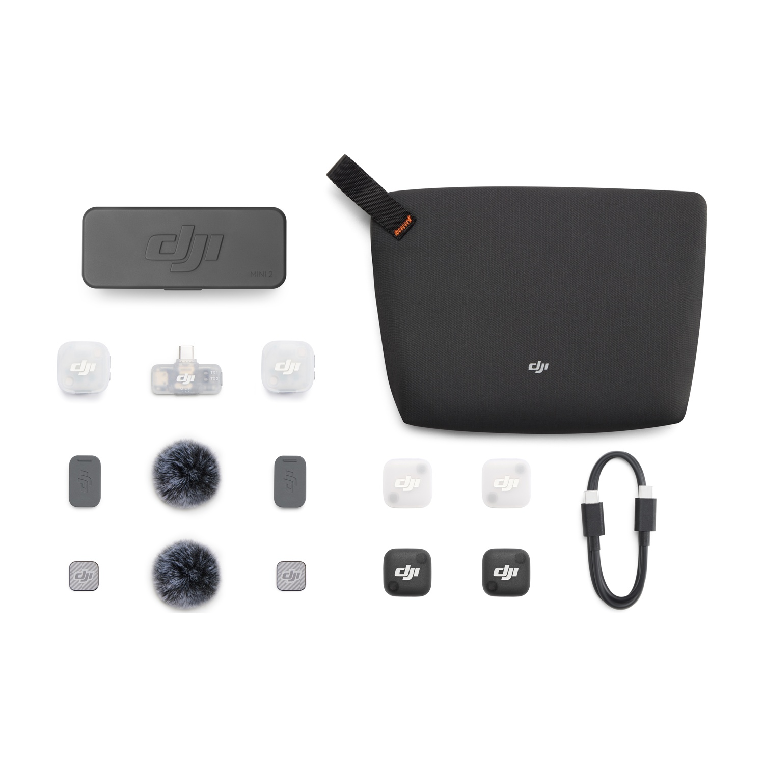Accessori DJI Mini 2: custodia di ricarica, microfoni, cavo e custodia.