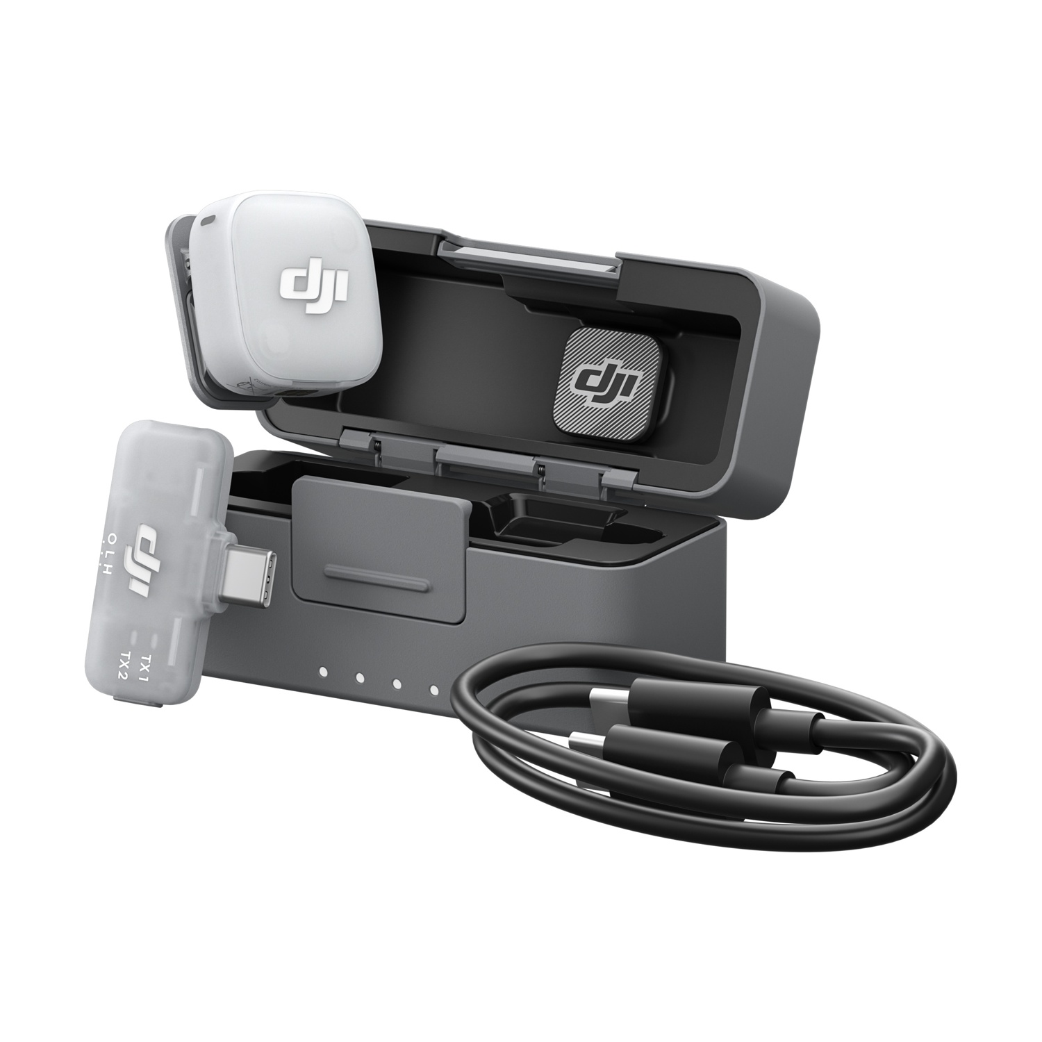 Microfoni DJI con custodia di ricarica, cavo e trasmettitore USB-C.