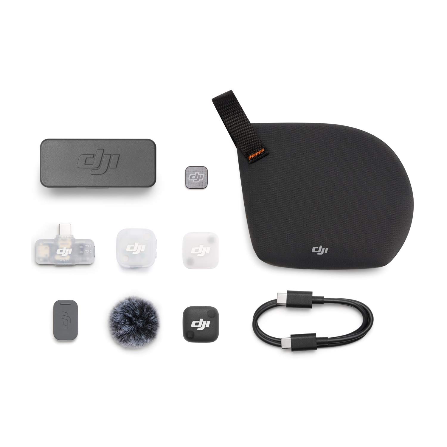 Accessori microfono DJI: trasmettitore, ricevitore, antivento, cavo e custodia.