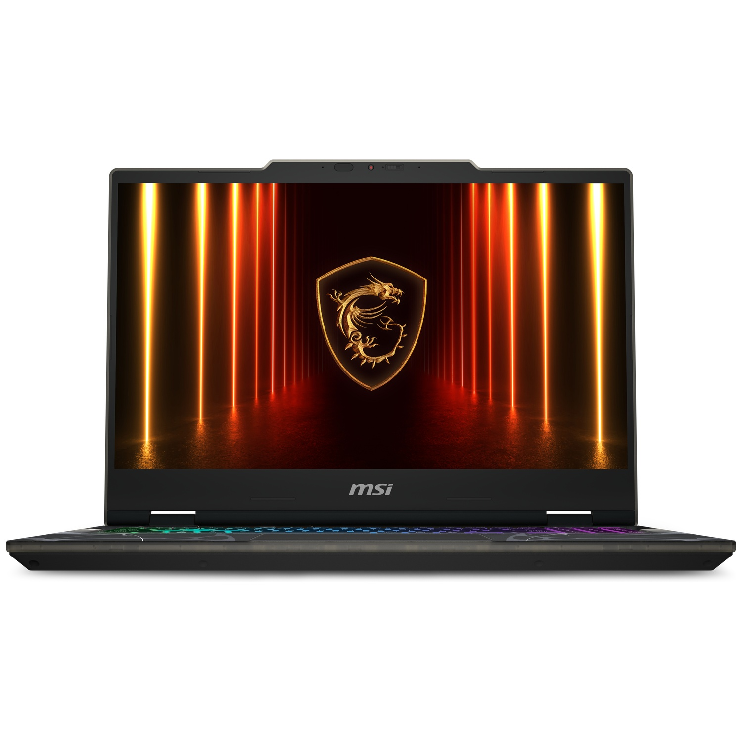 MSI laptop with glowing orange vertical lines on screen and RGB keyboard.