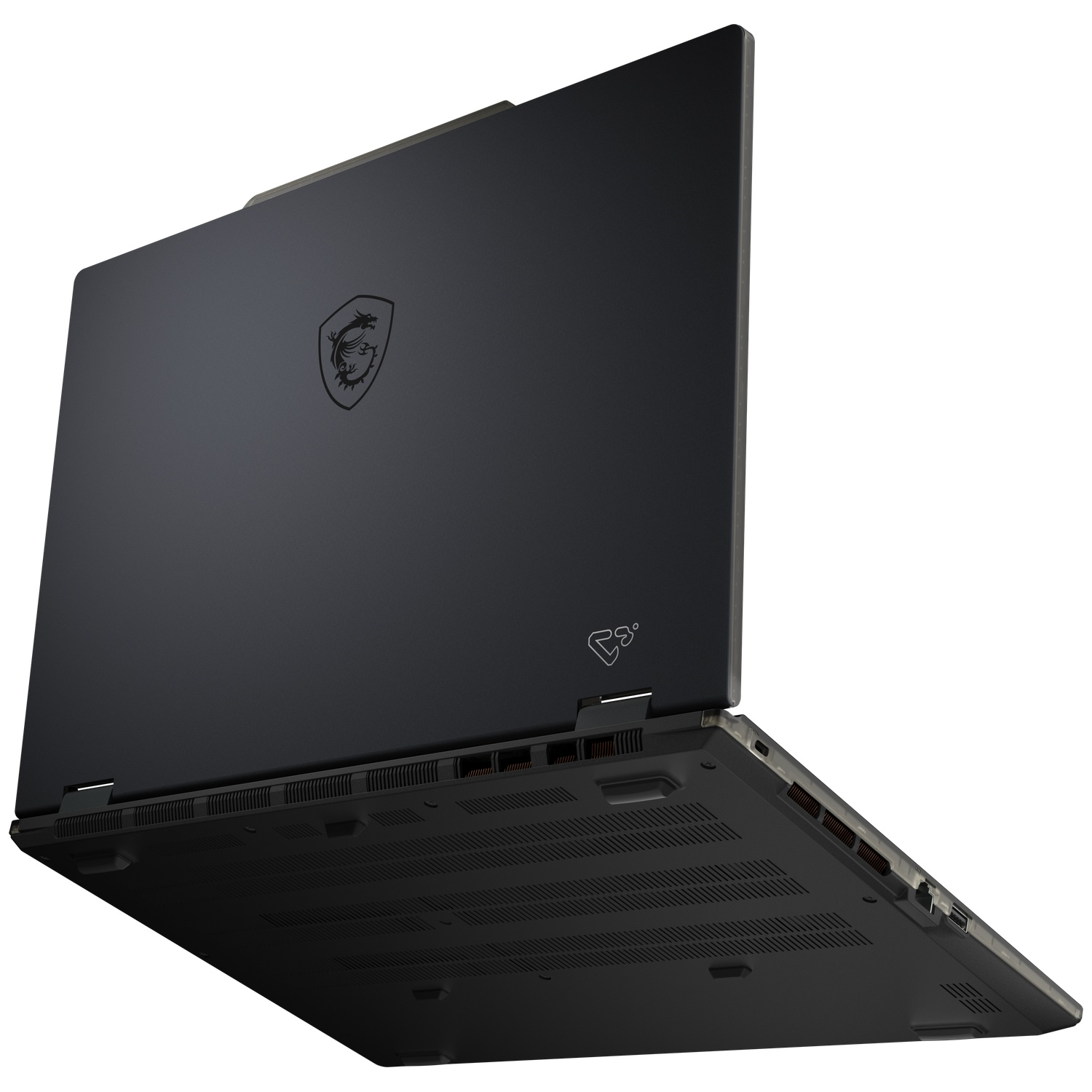 A black laptop with its lid open, showing the MSI logo on the back.