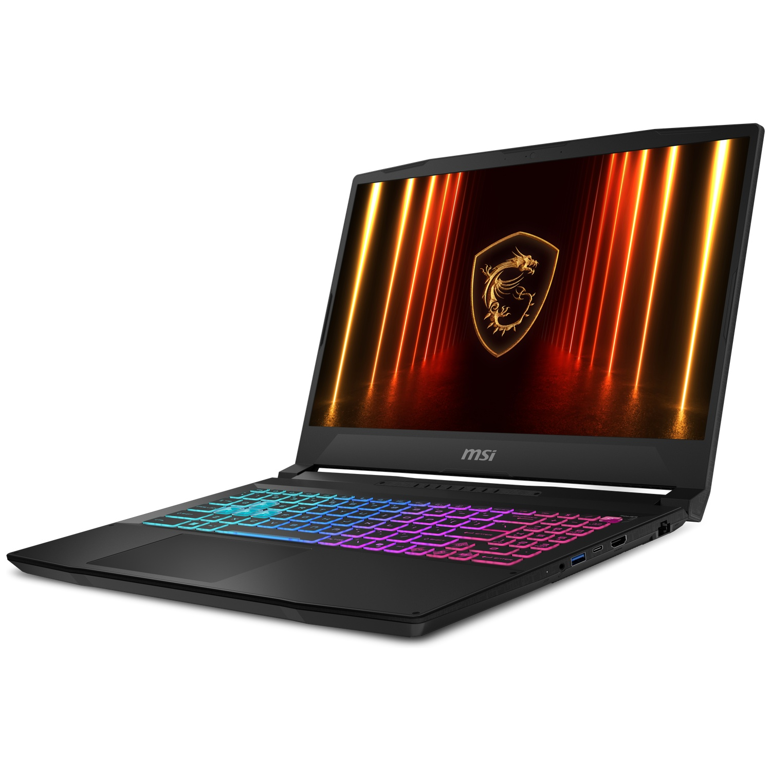 Black MSI gaming laptop with a backlit keyboard and dragon logo on screen.