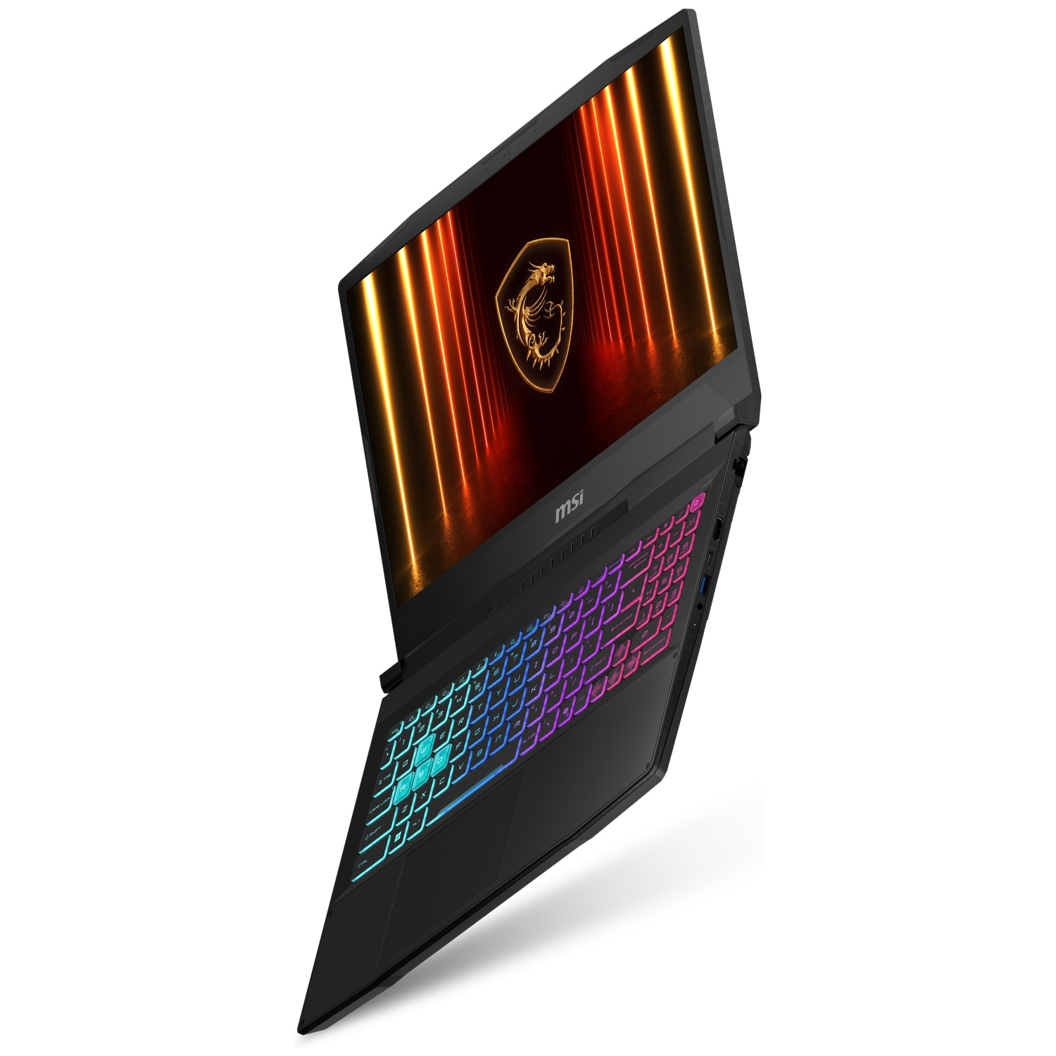 Black MSI laptop with RGB keyboard and dragon logo on screen.
