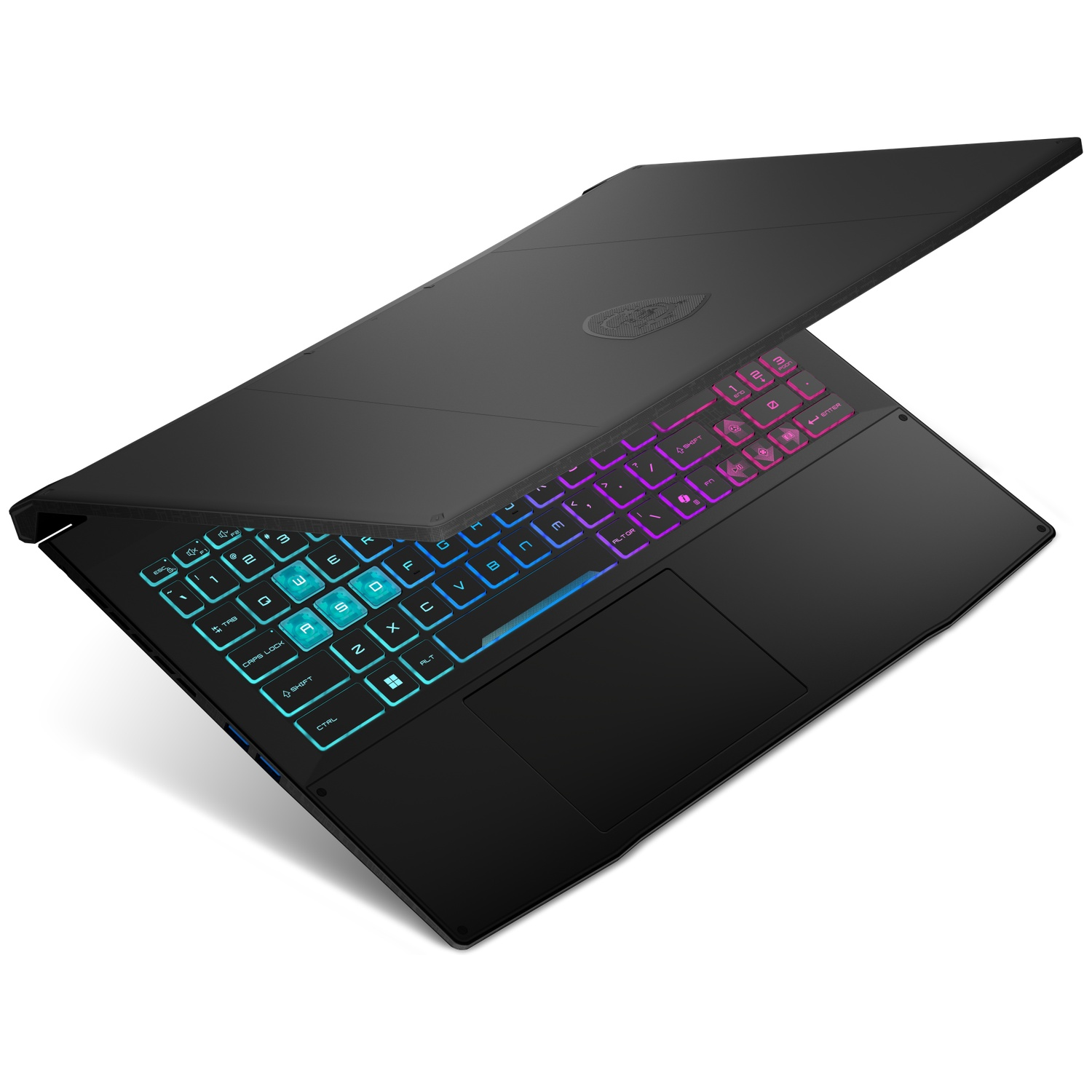 Black laptop with illuminated keyboard in blue, purple, and pink. Lid is open.