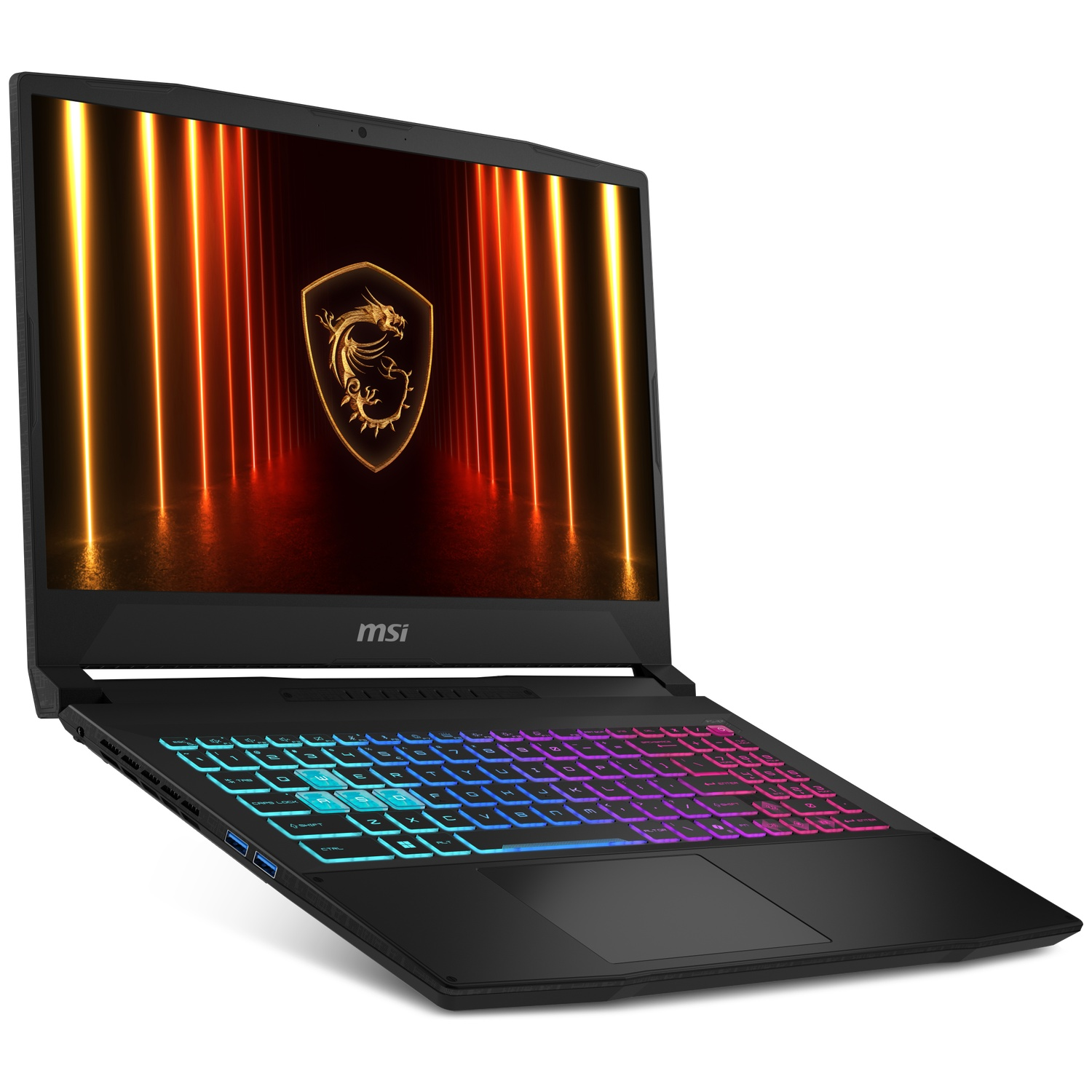 A black MSI gaming laptop with a backlit keyboard and MSI dragon logo on screen.