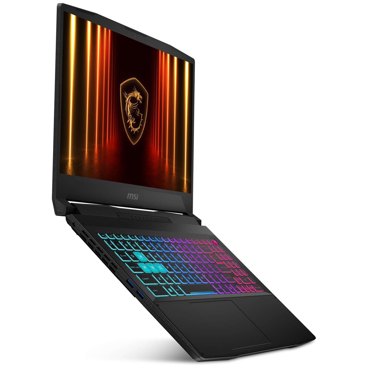 A black MSI gaming laptop with a backlit keyboard and dragon logo on screen.