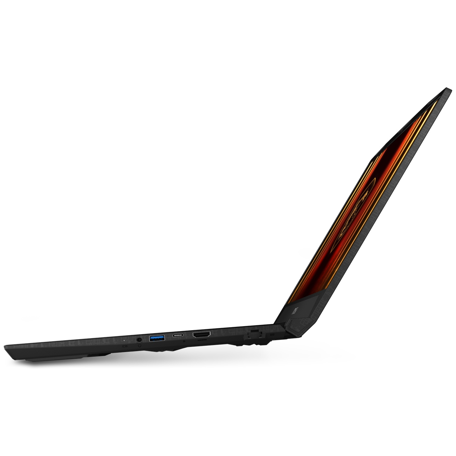 Black laptop in profile, screen open with orange-red pattern.