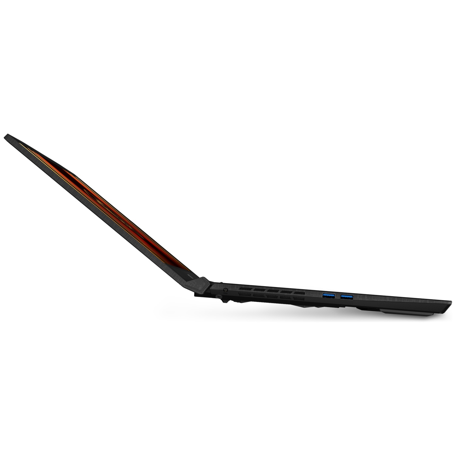 Black laptop shown in side profile, featuring orange accents and USB ports.