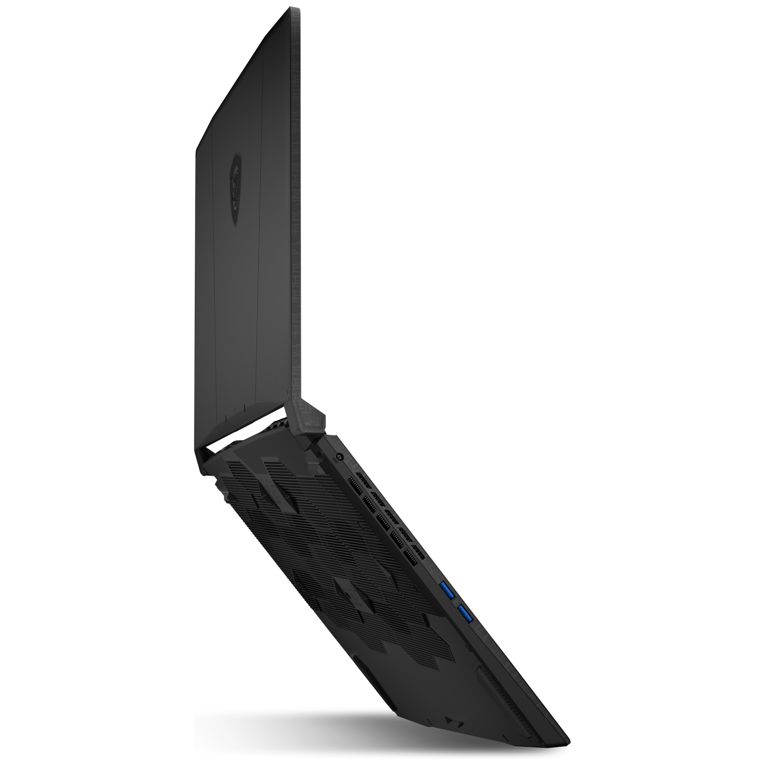 Black laptop on a white background, shown from the side with screen open.