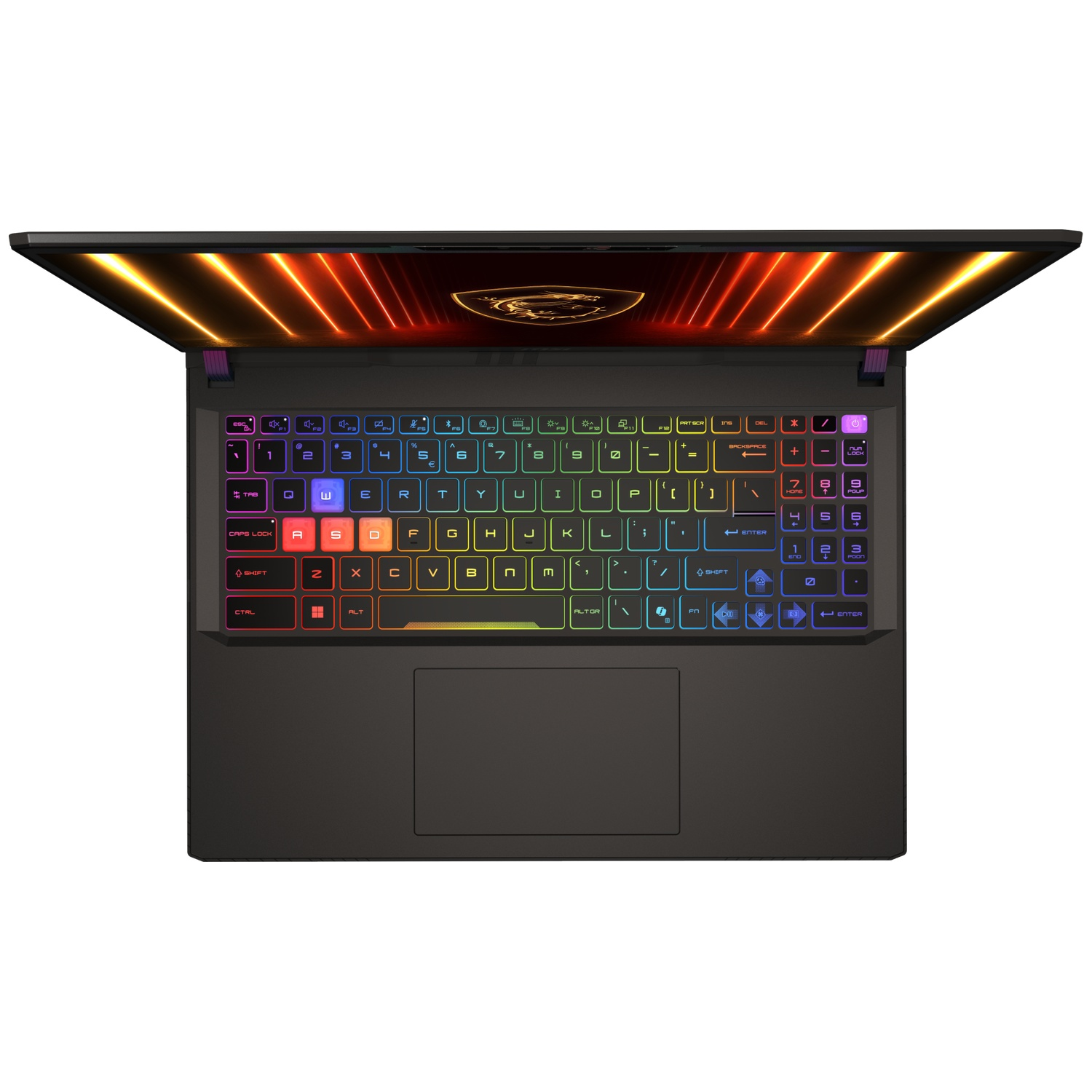 Open laptop with colorful RGB keyboard and glowing orange lights on screen.