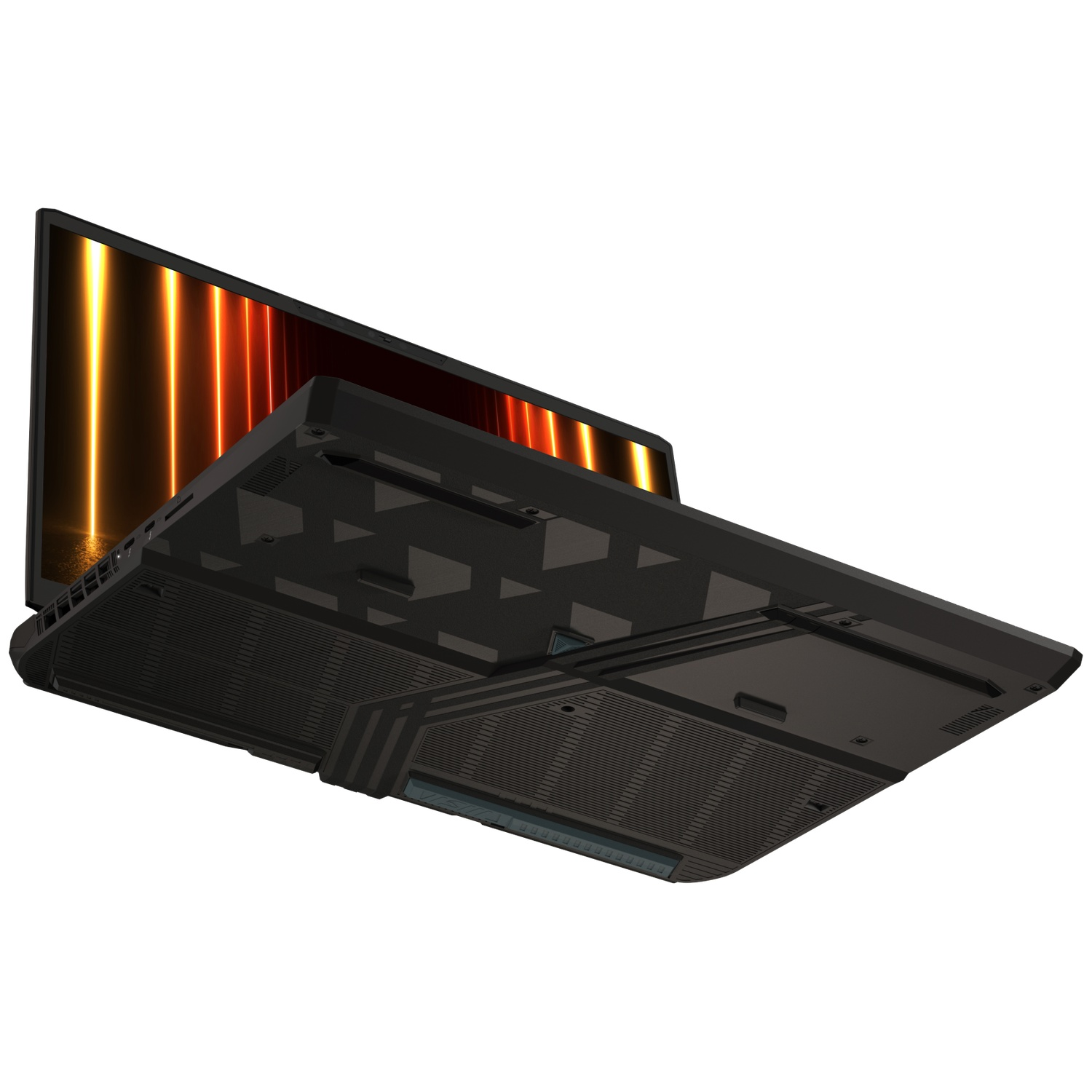 Black laptop viewed from below, screen shows orange vertical lights.
