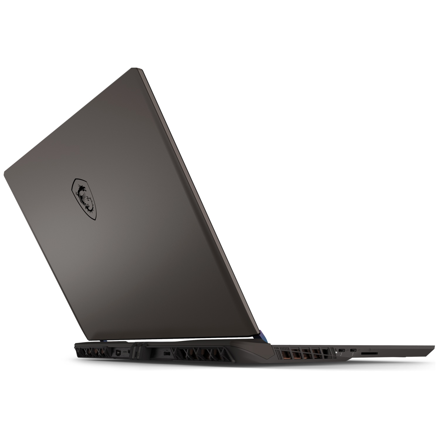 Dark gray laptop with MSI logo, open on a white background.